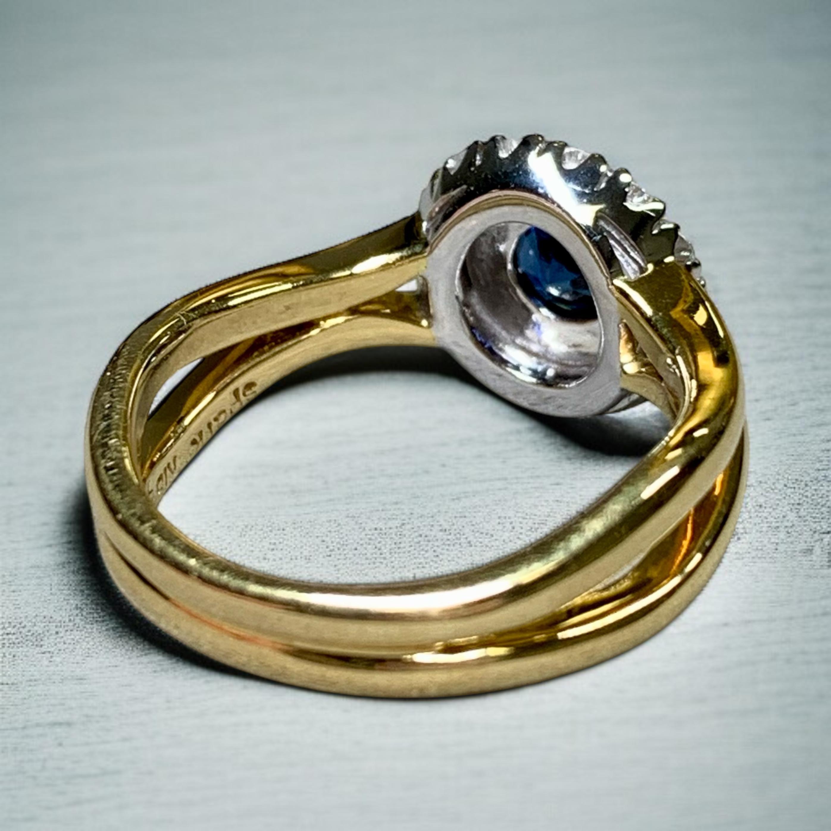 Contemporary Estate SPARK 18K Round Diamond Sapphire Halo Split Shank Cocktail Ring Sz 7 For Sale