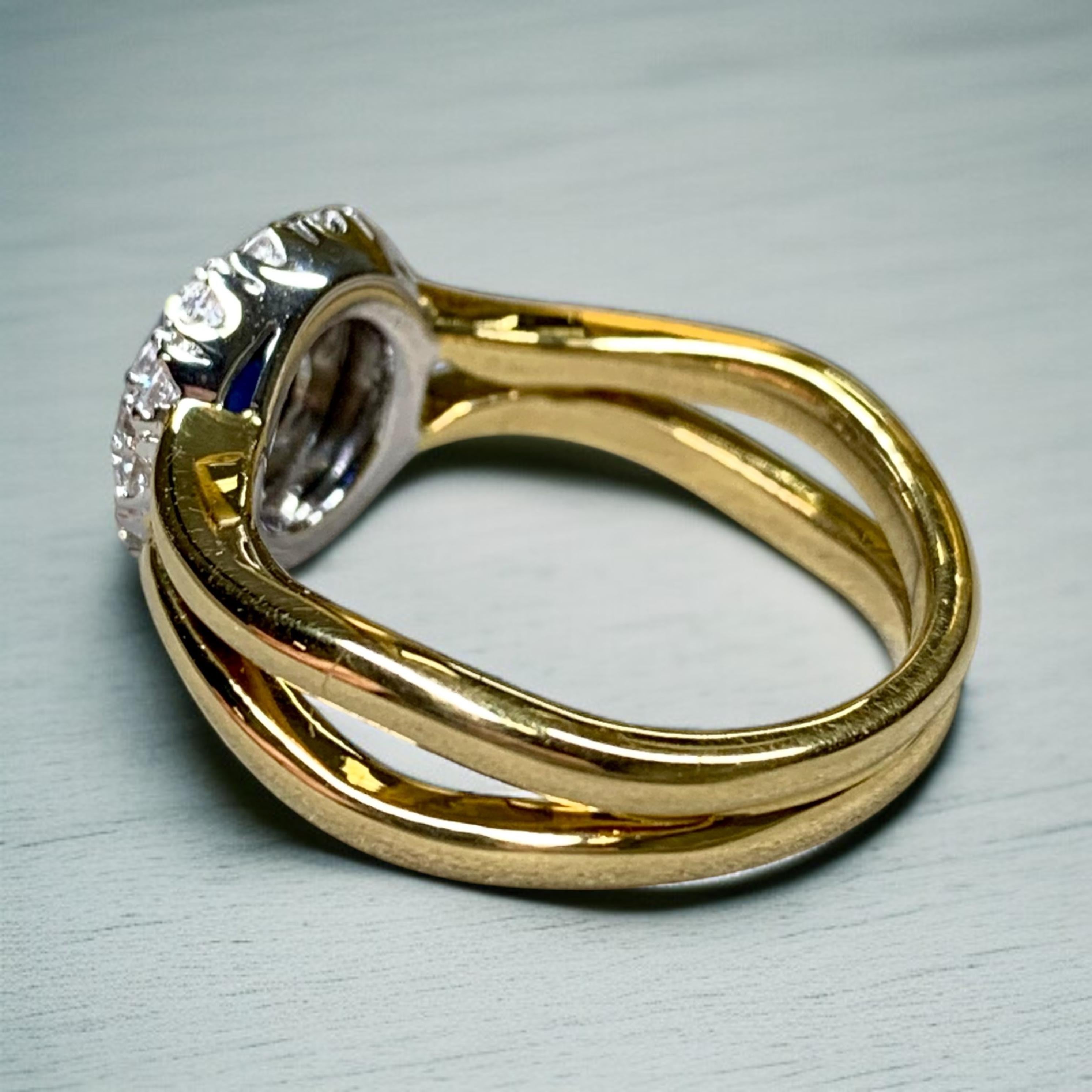 Round Cut Estate SPARK 18K Round Diamond Sapphire Halo Split Shank Cocktail Ring Sz 7 For Sale