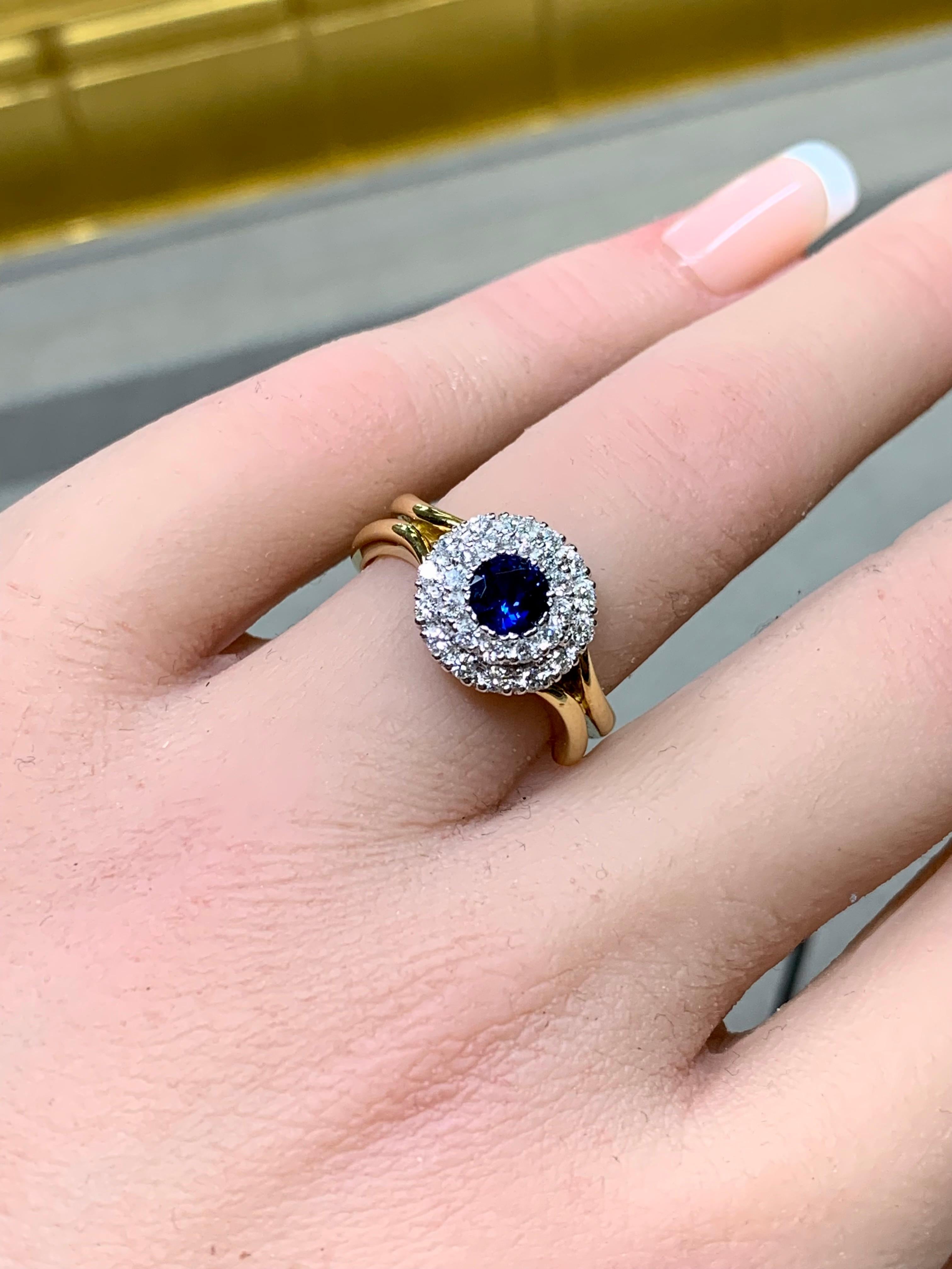 Estate SPARK 18K Round Diamond Sapphire Halo Split Shank Cocktail Ring Sz 7 For Sale 1