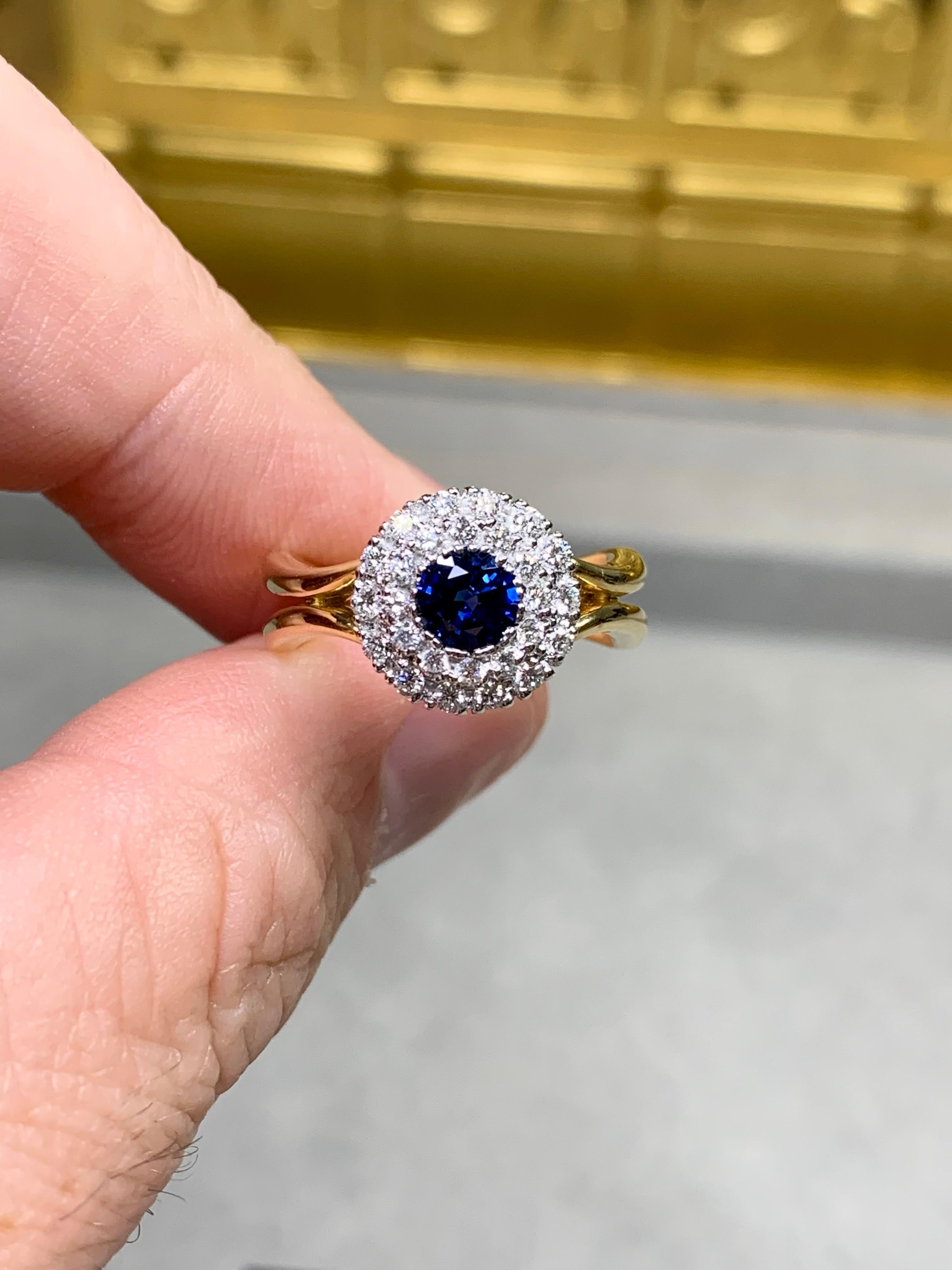 Estate SPARK 18K Round Diamond Sapphire Halo Split Shank Cocktail Ring Sz 7 For Sale 2