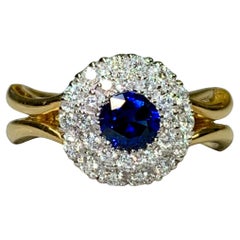 Nachlass SPARK 18K Runder Diamant Saphir Halo geteilter Schaft Cocktail-Ring Gr. 7