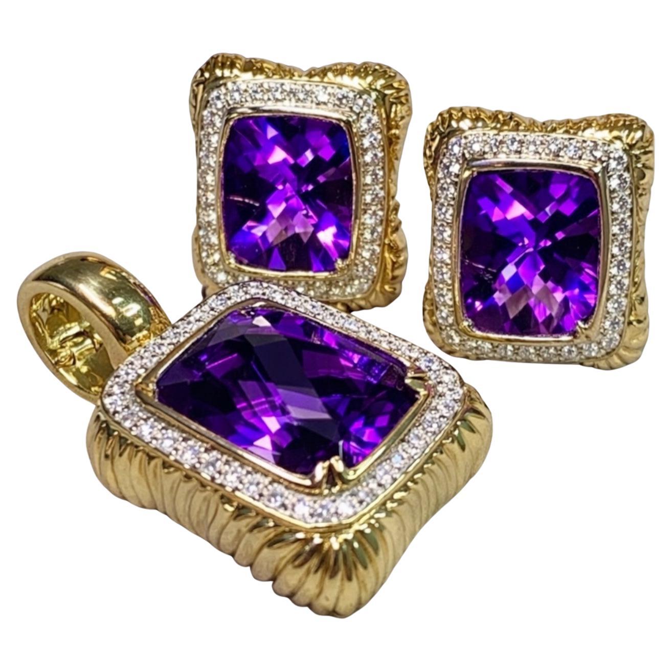 Estate Spark Creations 18K Diamond Amethyst Omega Earring Pendant Enhancer Set For Sale