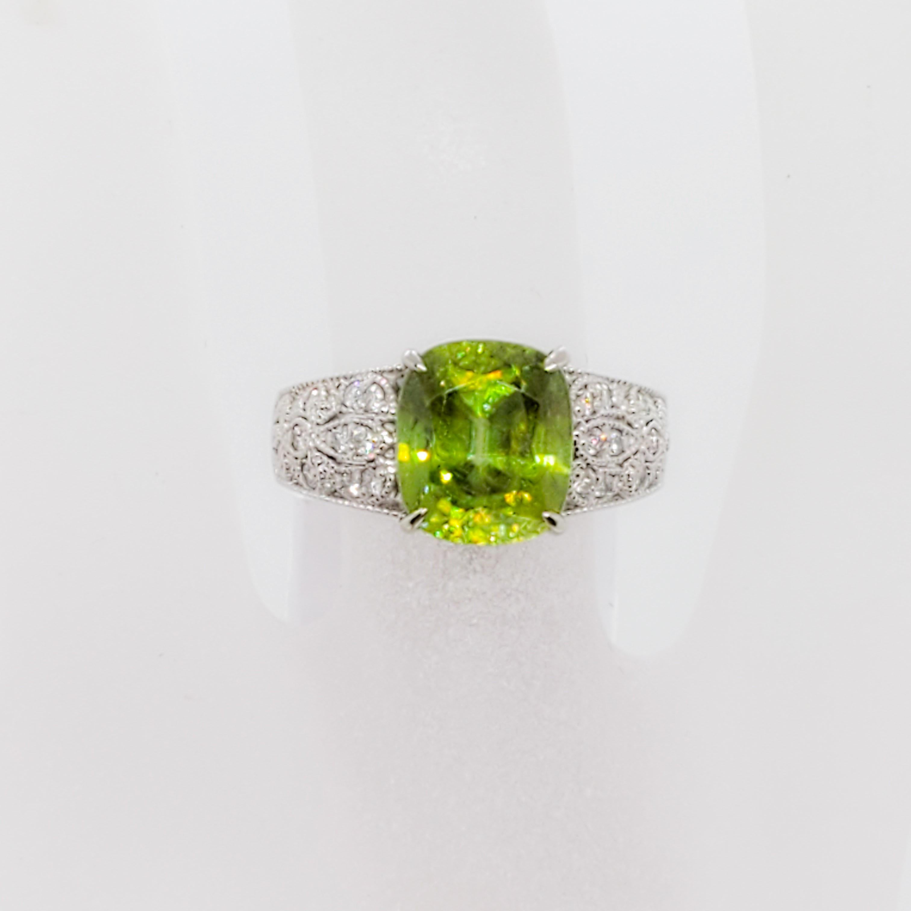 Oval Cut Estate Sphene Oval and White Diamond Cocktail Ring in Platinum