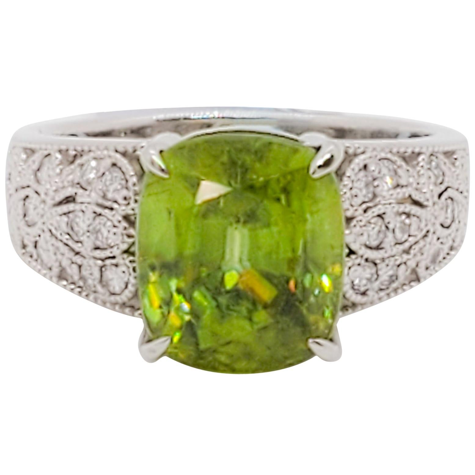 Estate Sphene Oval and White Diamond Cocktail Ring in Platinum