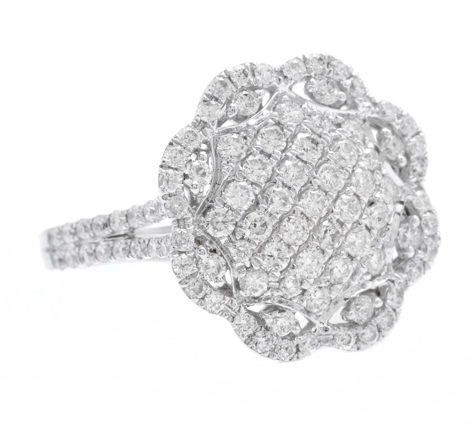 Splendid 1.38 Carats Natural Diamond 14K Solid White Gold Ring

Stamped: G585 (14K)

Total Natural Round Cut Diamonds Weight: 1.38 Carats (color H-I / Clarity SI1-SI2)

The width of the ring is: 17.20mm

Ring size: 7 (we offer free re-sizing upon