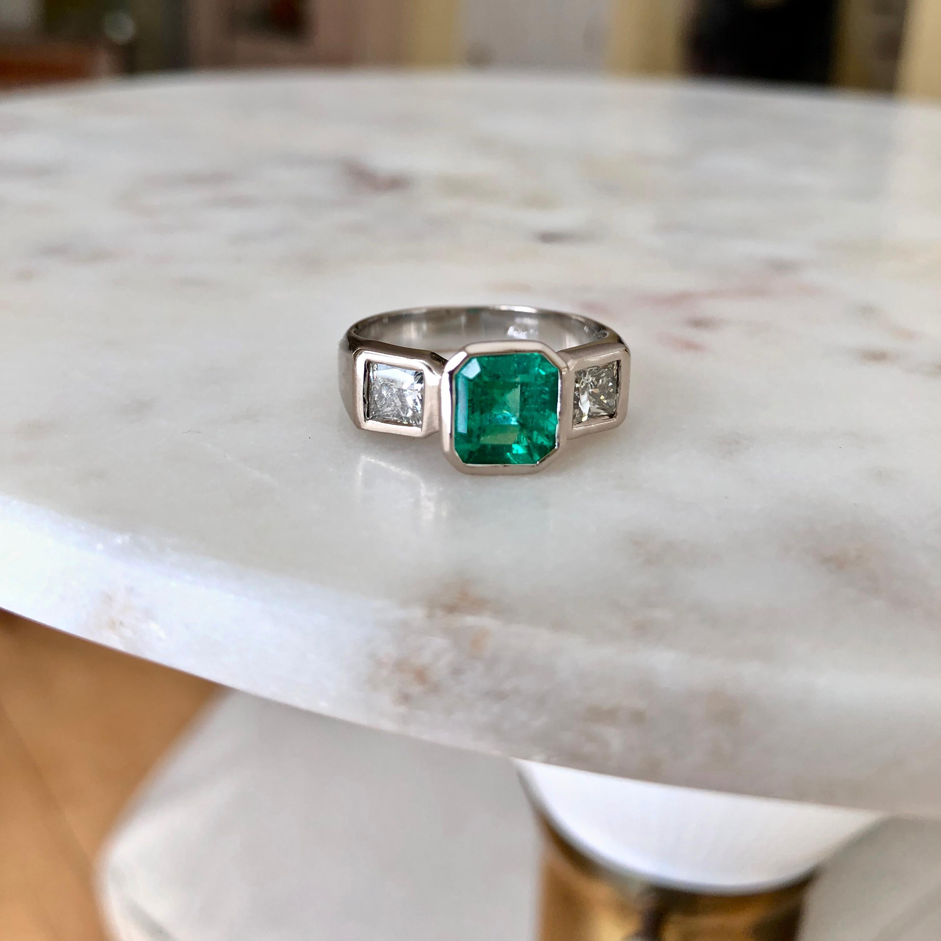 Emerald Cut Estate Square Fine Colombian Emerald Diamond Ring White Gold 18 Karat