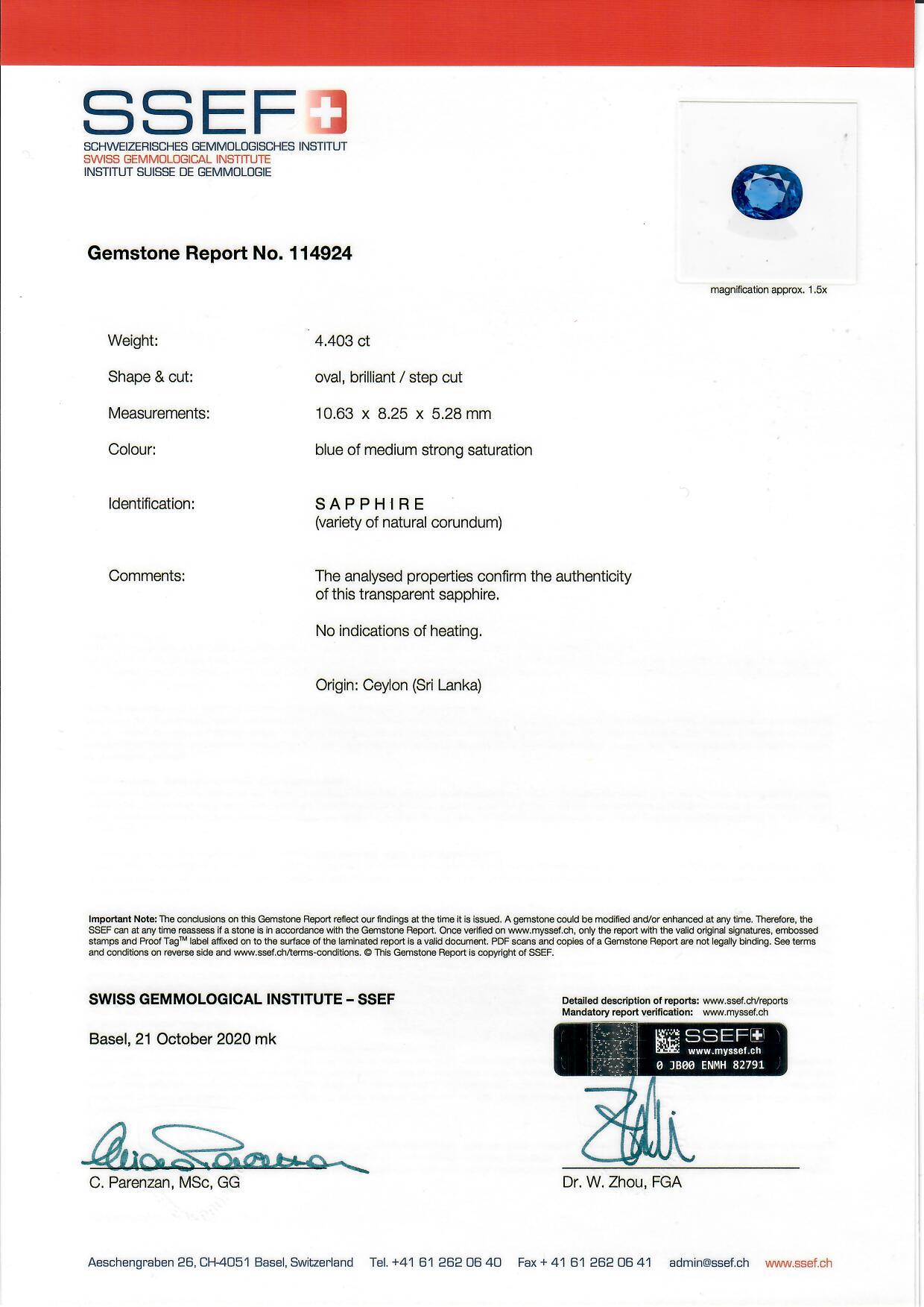 Estate SSEF Certified 4.40 Carat Unheated Sapphire Diamonds Platinum Ring 6