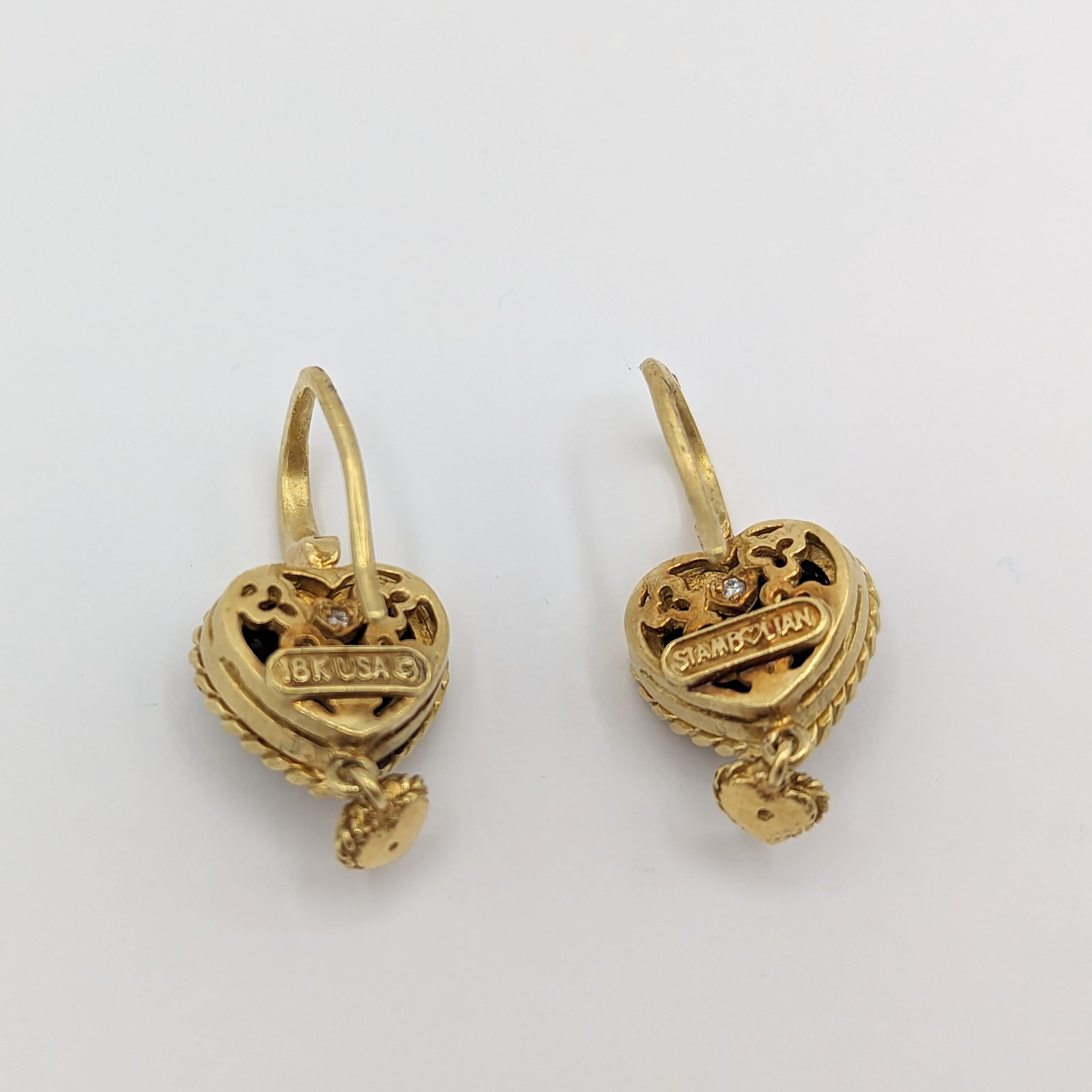 Women's or Men's Estate Stambolian White Diamond Heart Dangle Earrings in 18K Yellow Gold For Sale