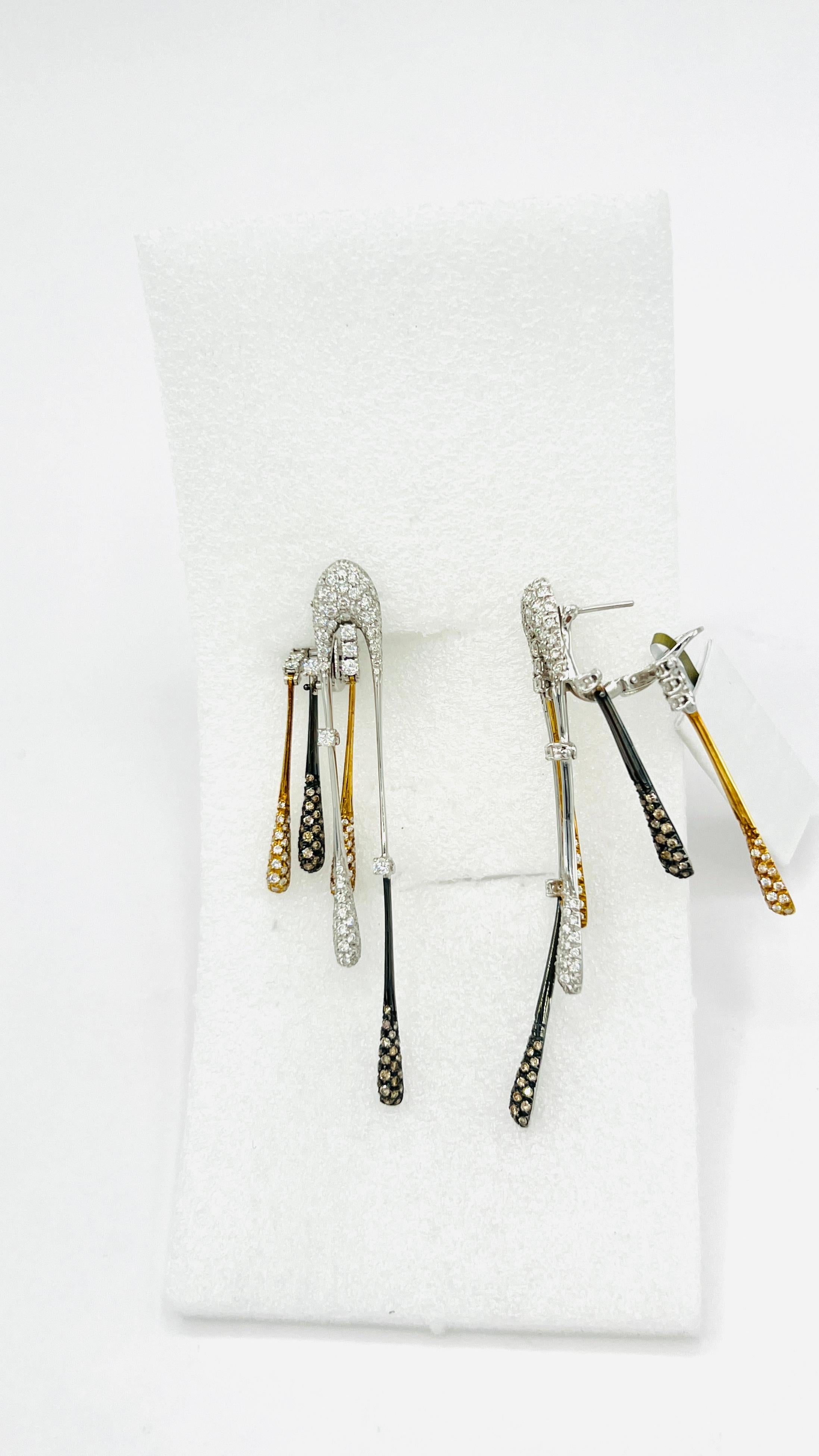 Women's or Men's Estate Stefan Hafner White and Brown Diamond Earrings in 18K 2 Tone Gold For Sale
