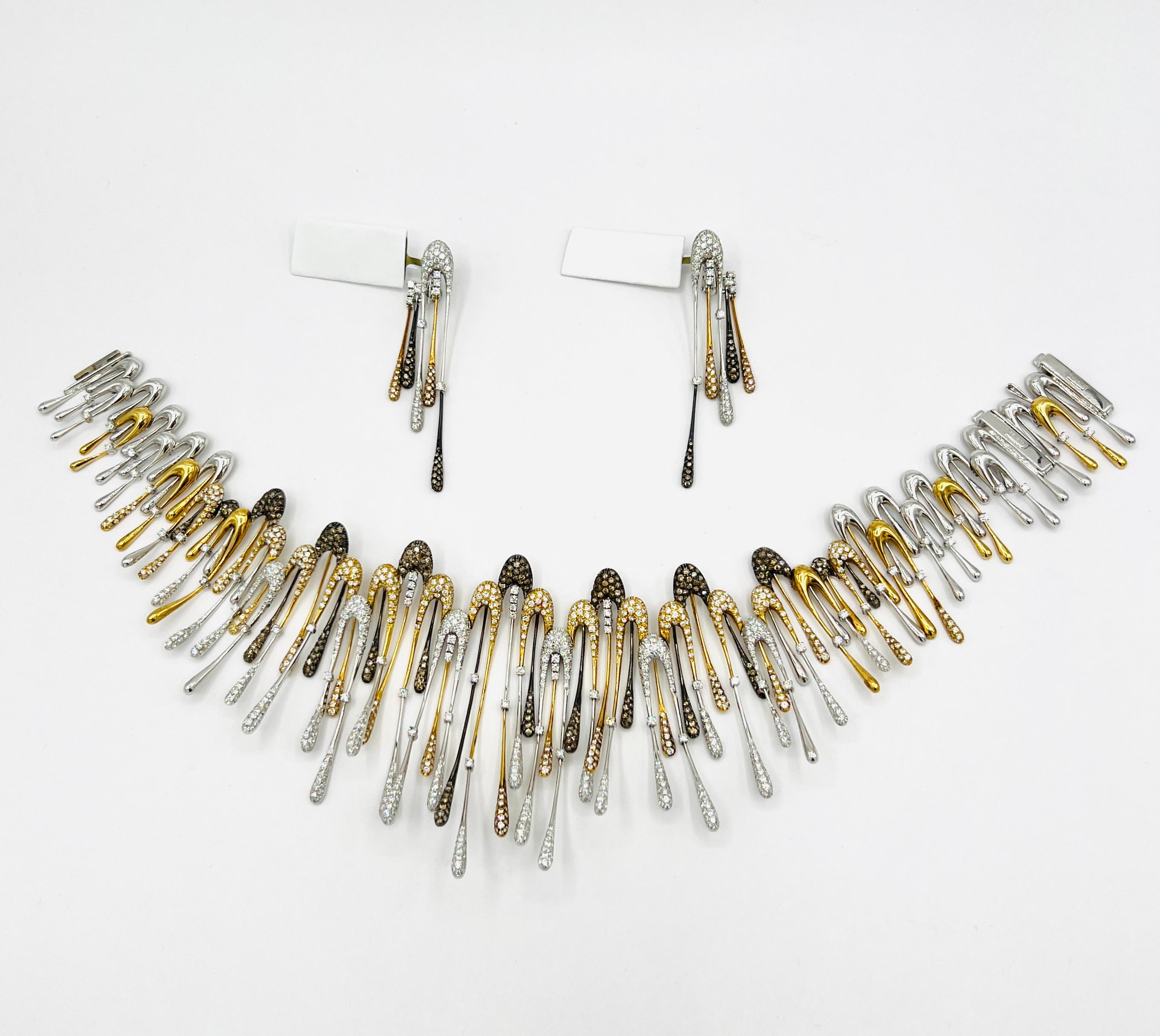 Estate Stefan Hafner White and Brown Diamond Earrings in 18K 2 Tone Gold For Sale 2