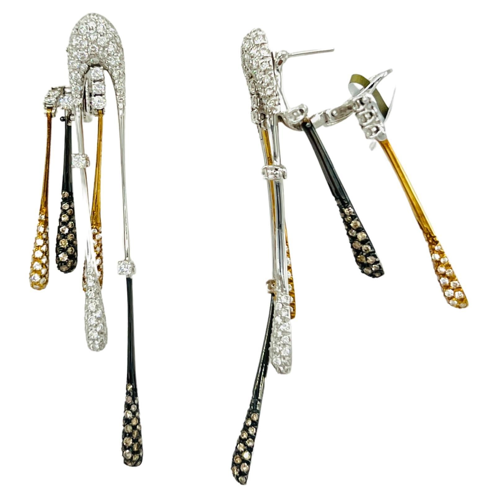 Estate Stefan Hafner White and Brown Diamond Earrings in 18K 2 Tone Gold For Sale