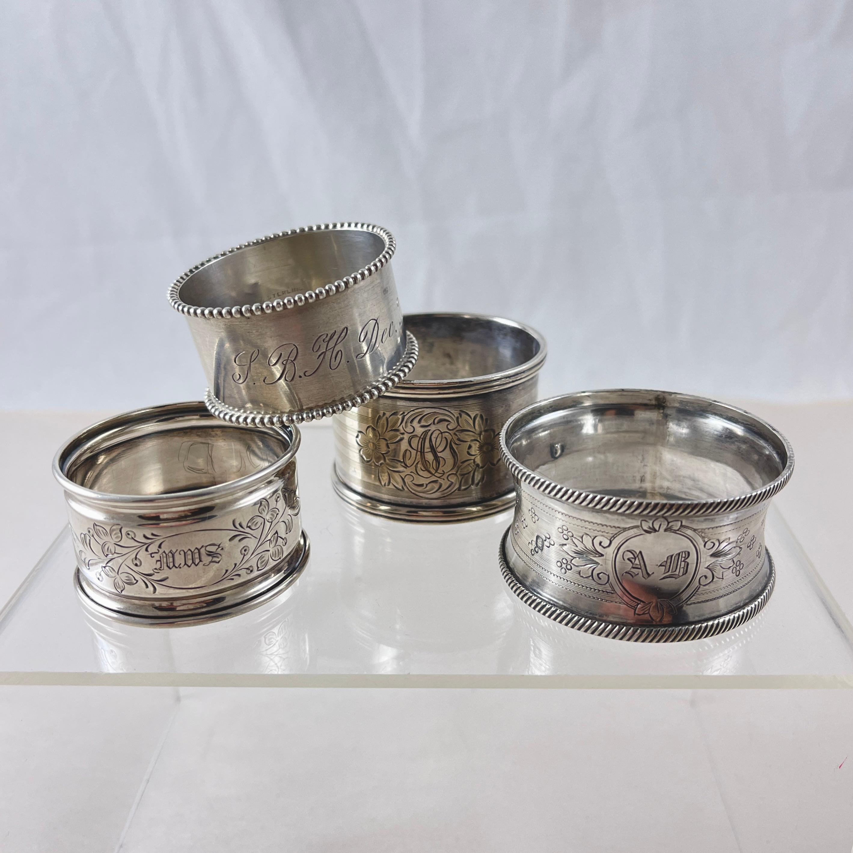 Estate Sterling Engraved Napkin Rings, mixed set of four 6