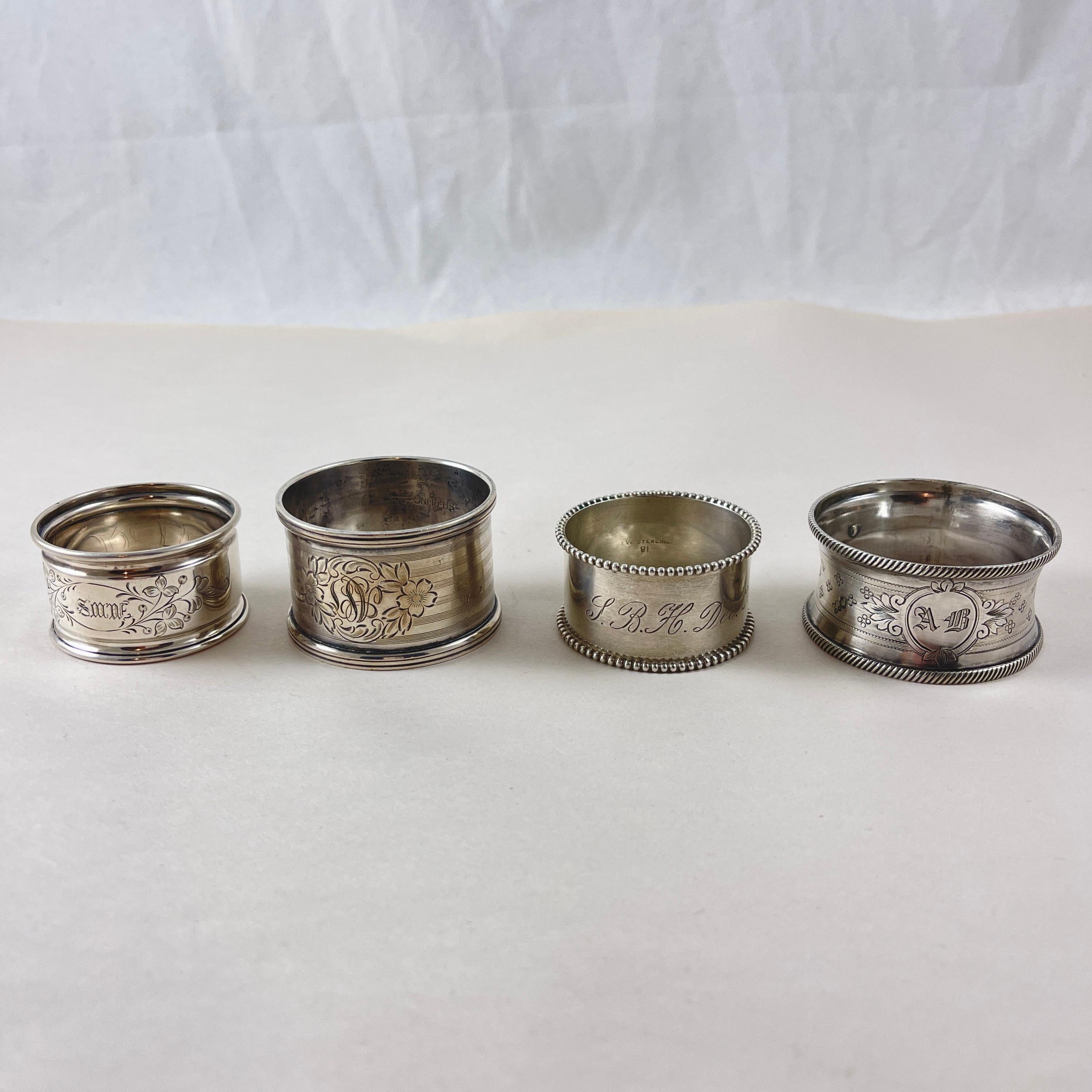American Estate Sterling Engraved Napkin Rings, mixed set of four