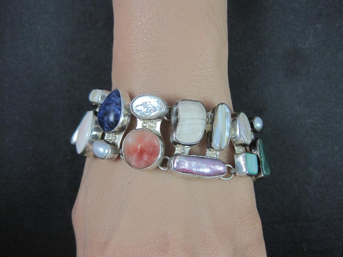 Estate Sterling Gemstone Pearl Toggle Bracelet 7-8 Inches 4