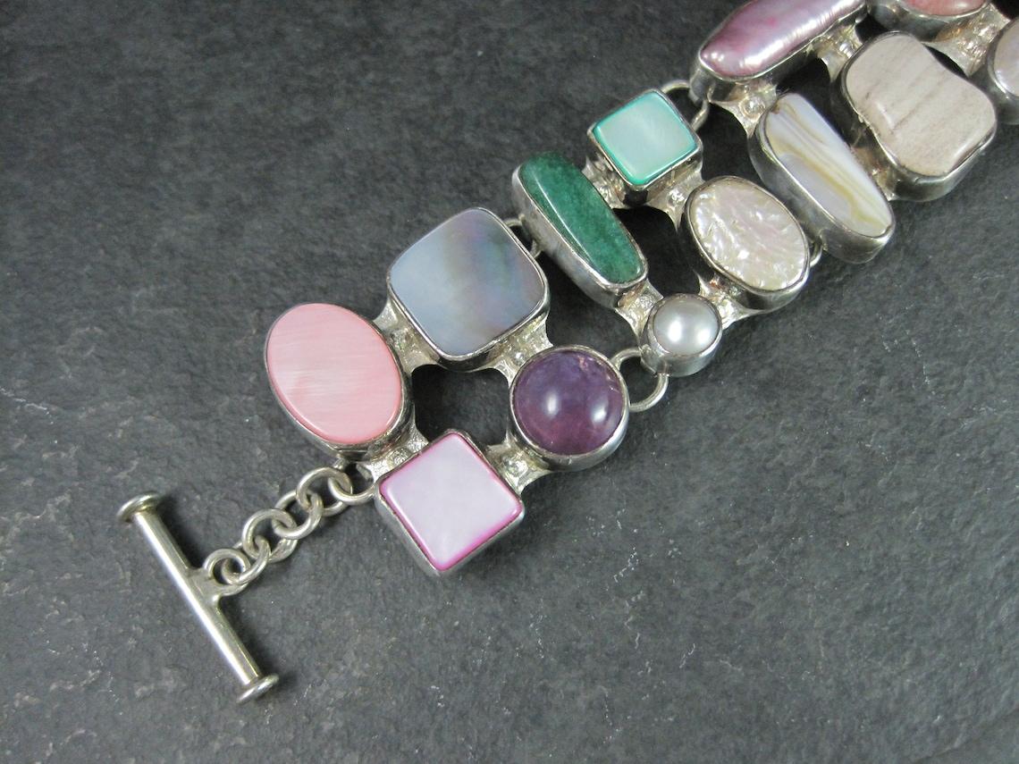 Artisan Estate Sterling Gemstone Pearl Toggle Bracelet 7-8 Inches For Sale