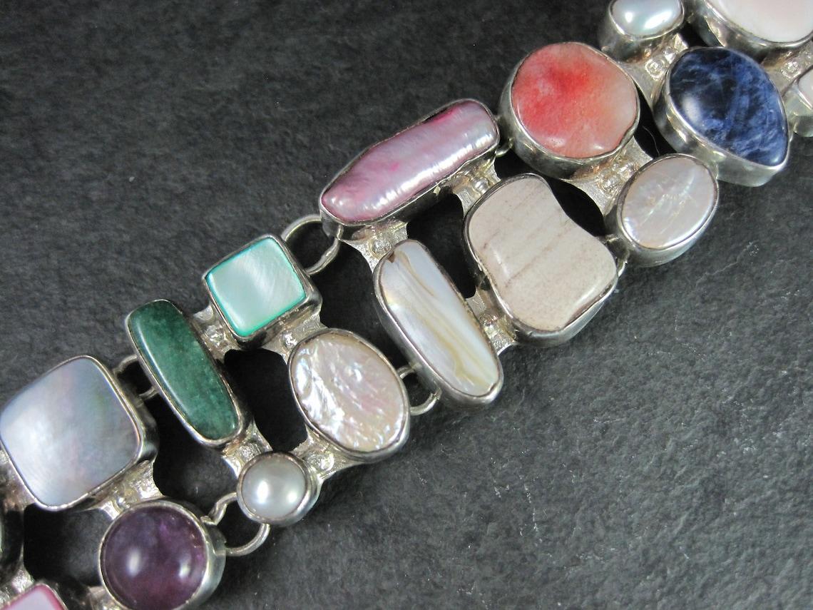 Estate Sterling Gemstone Pearl Toggle Bracelet 7-8 Inches In Excellent Condition For Sale In Webster, SD