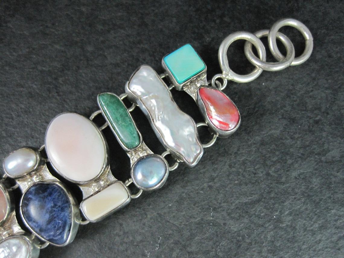 Estate Sterling Gemstone Pearl Toggle Bracelet 7-8 Inches 1