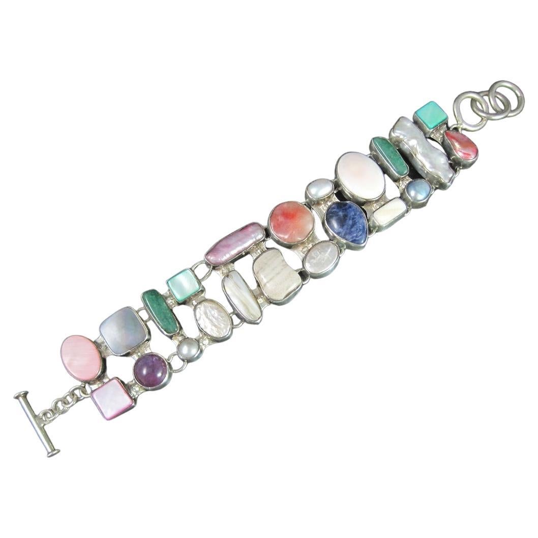 Estate Sterling Gemstone Pearl Toggle Bracelet 7-8 Inches For Sale
