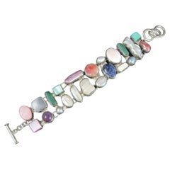 Retro Estate Sterling Gemstone Pearl Toggle Bracelet 7-8 Inches