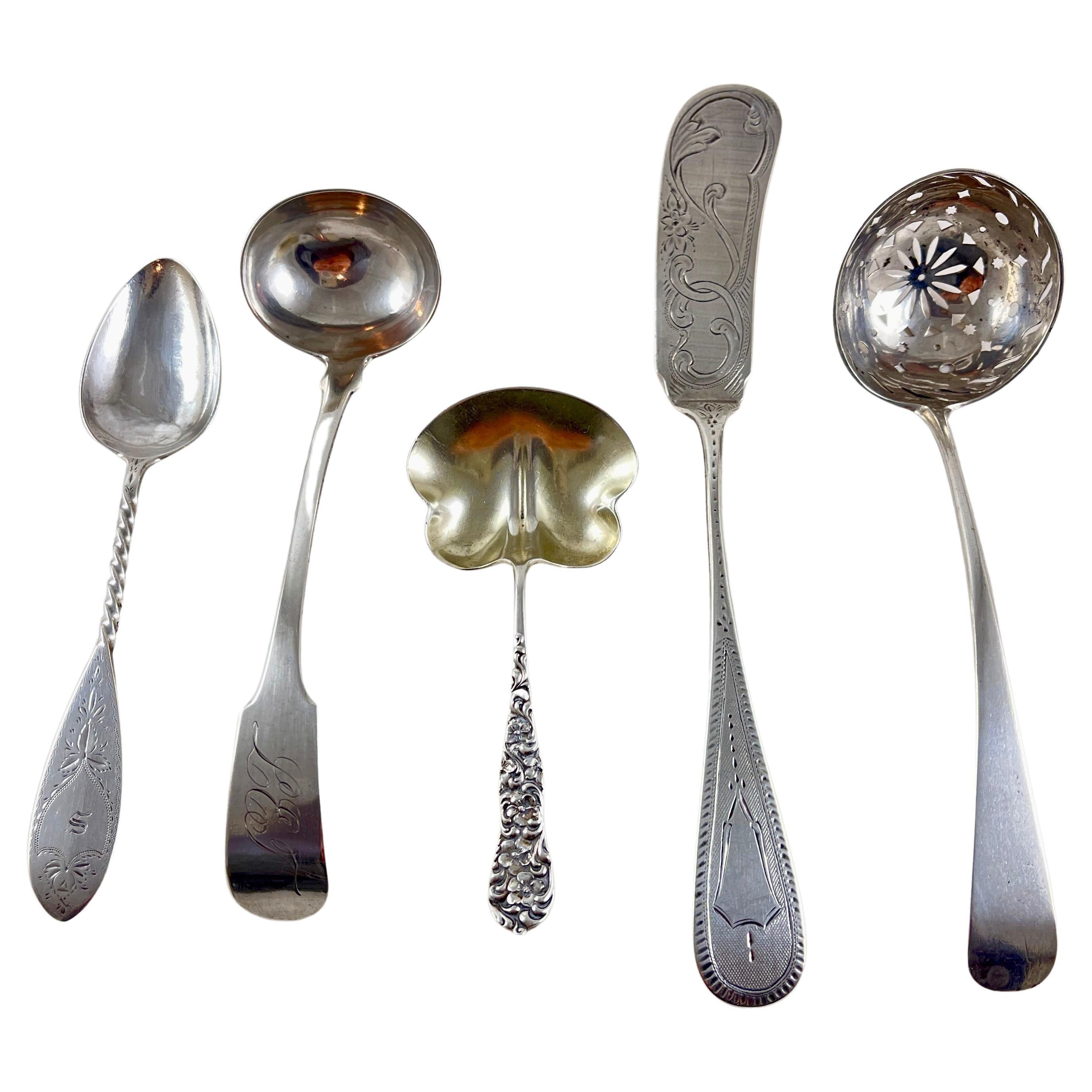 Estate Sterling Silver 19th Century Serving Pieces, mixed group of 5 For Sale
