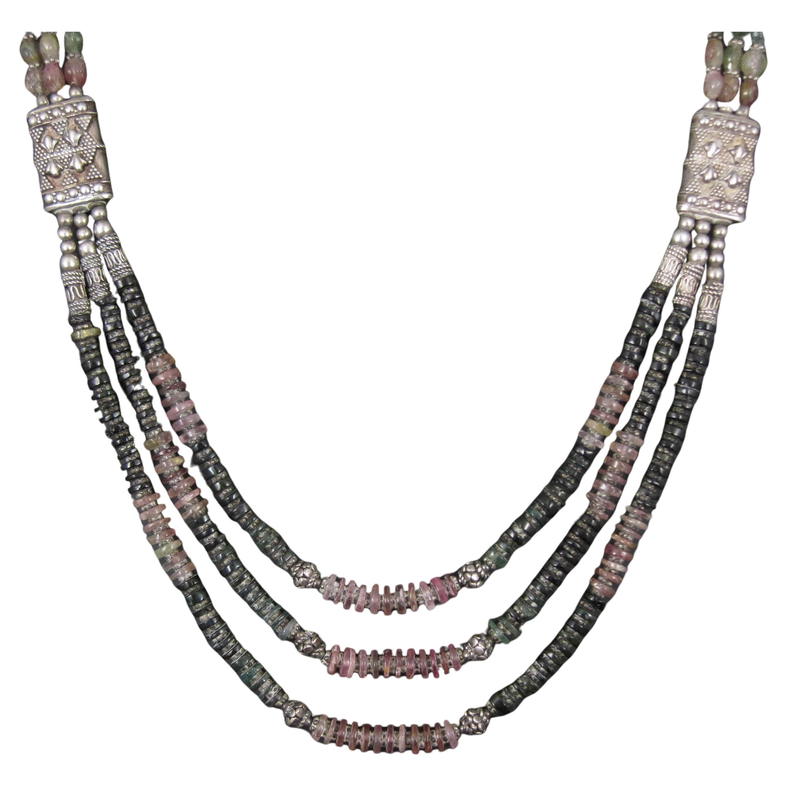 Estate Sterling Silver 3 Strand Multi Colored Carved Tourmaline Bead Necklace