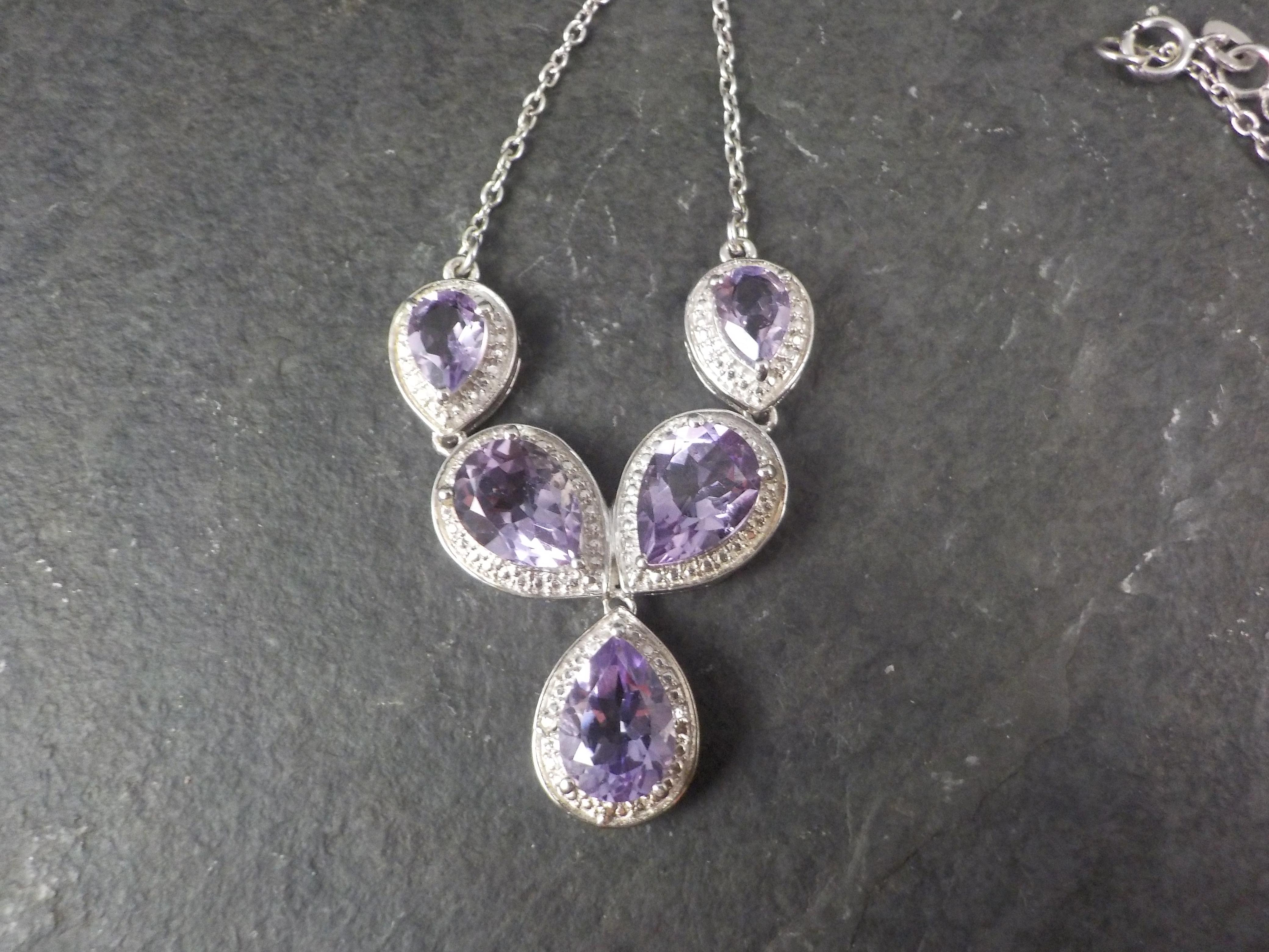 Pear Cut Estate Sterling Silver Amethyst Y Necklace For Sale