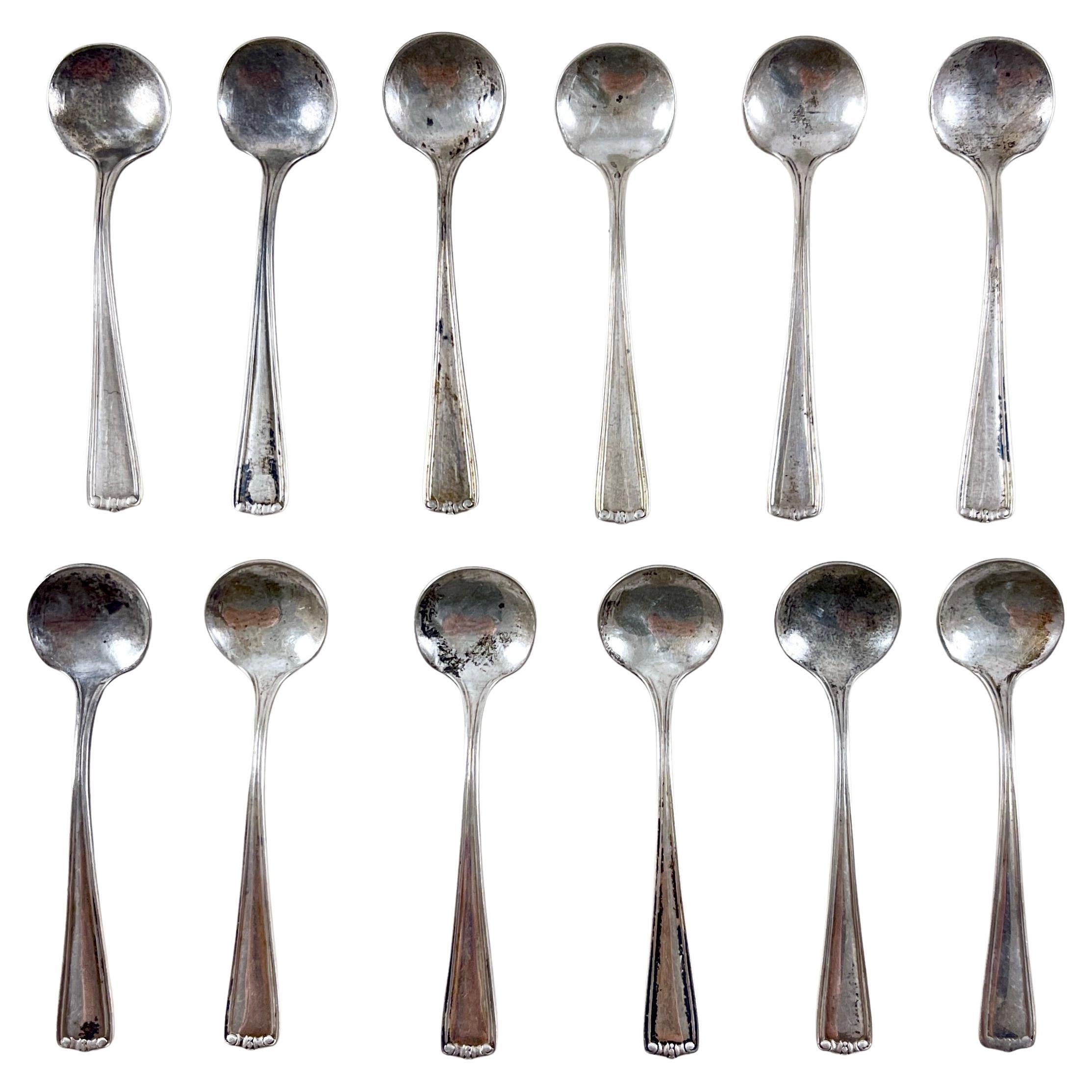 Estate Sterling Silver Art Deco Era Individual Salt Spoons, set of 12 For Sale