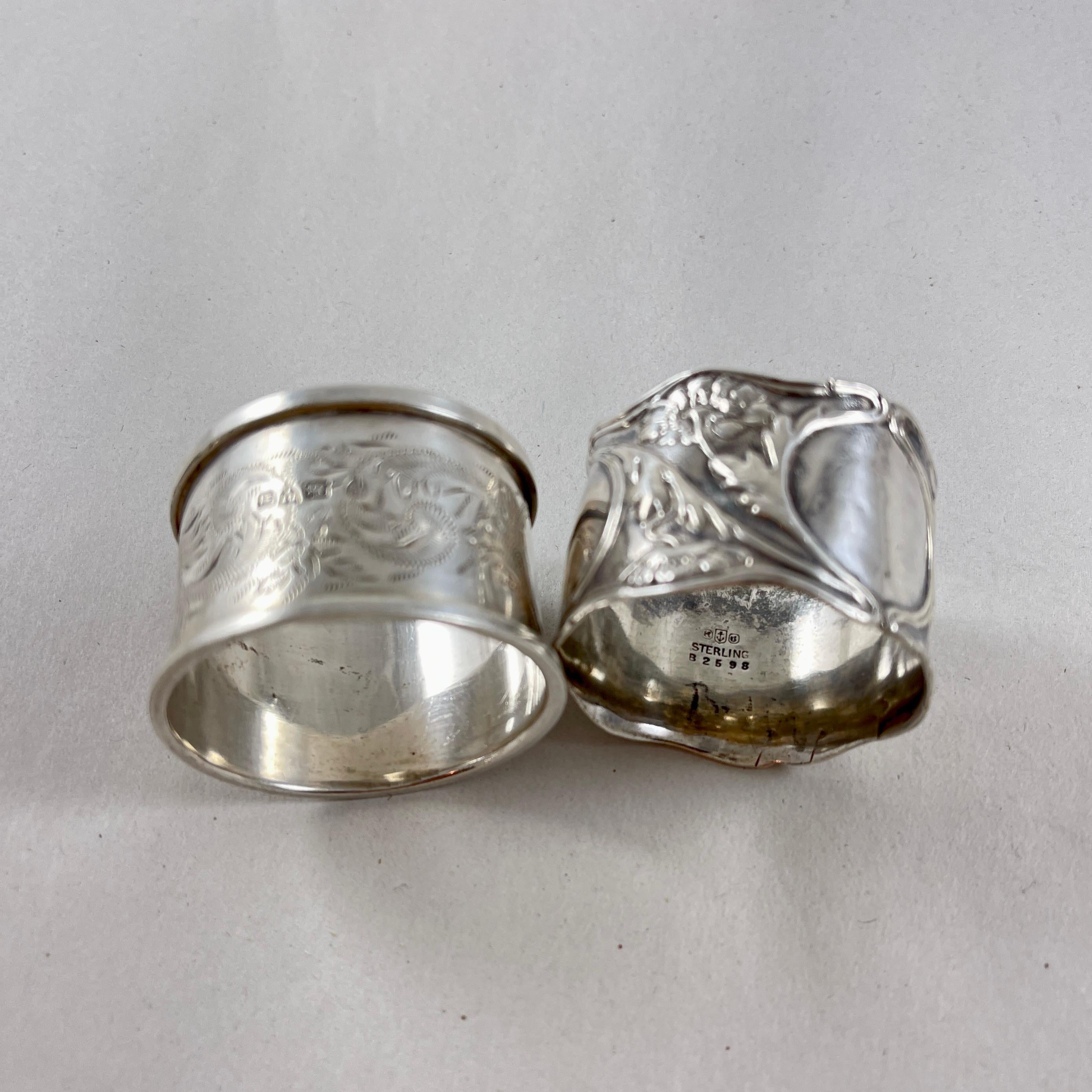 Anneaux de serviette en argent Sterling Estate, ensemble mixte de quatre anneaux de serviette en vente 1