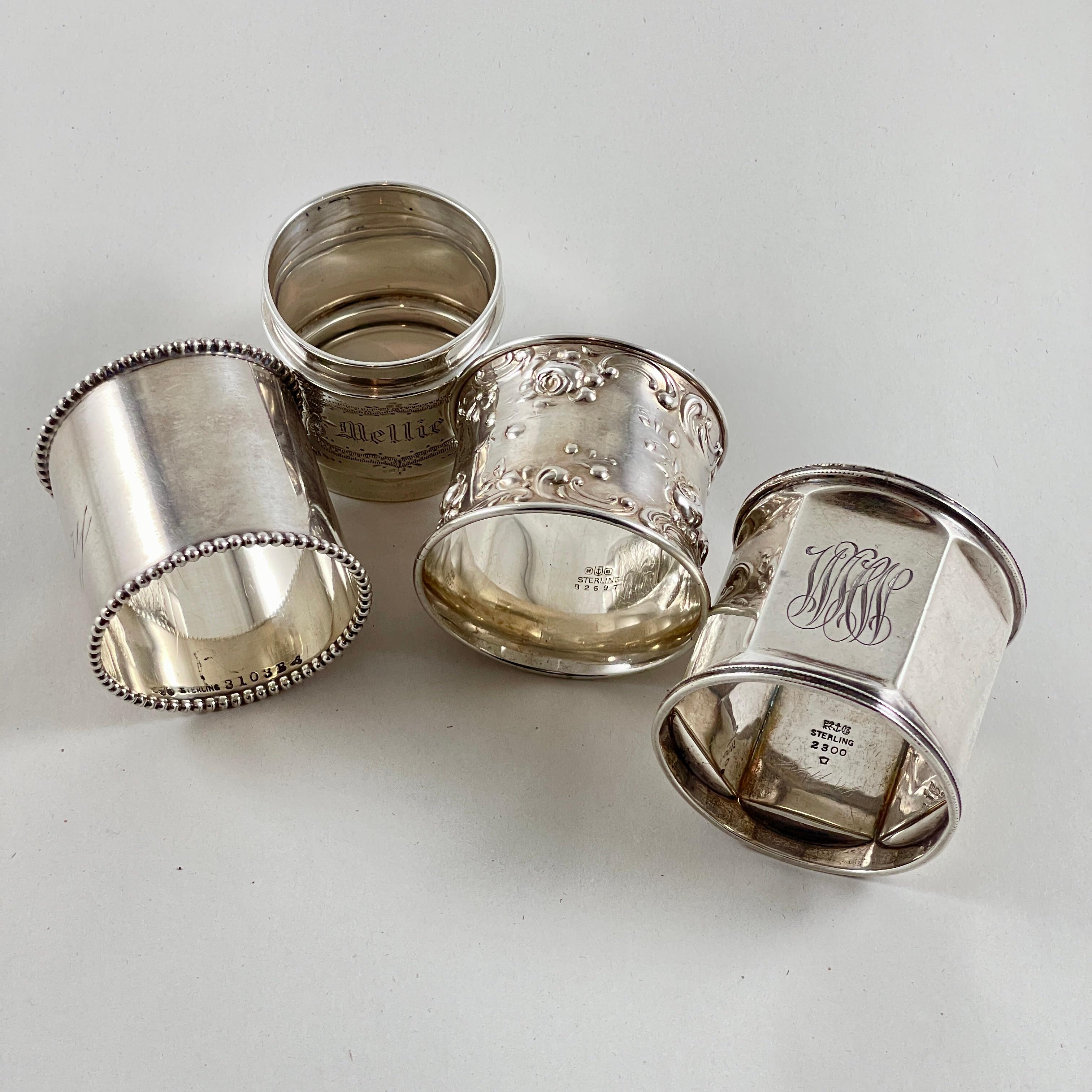 Estate Sterling Silver Wide Band Napkin Rings, set mixte de quatre en vente 4