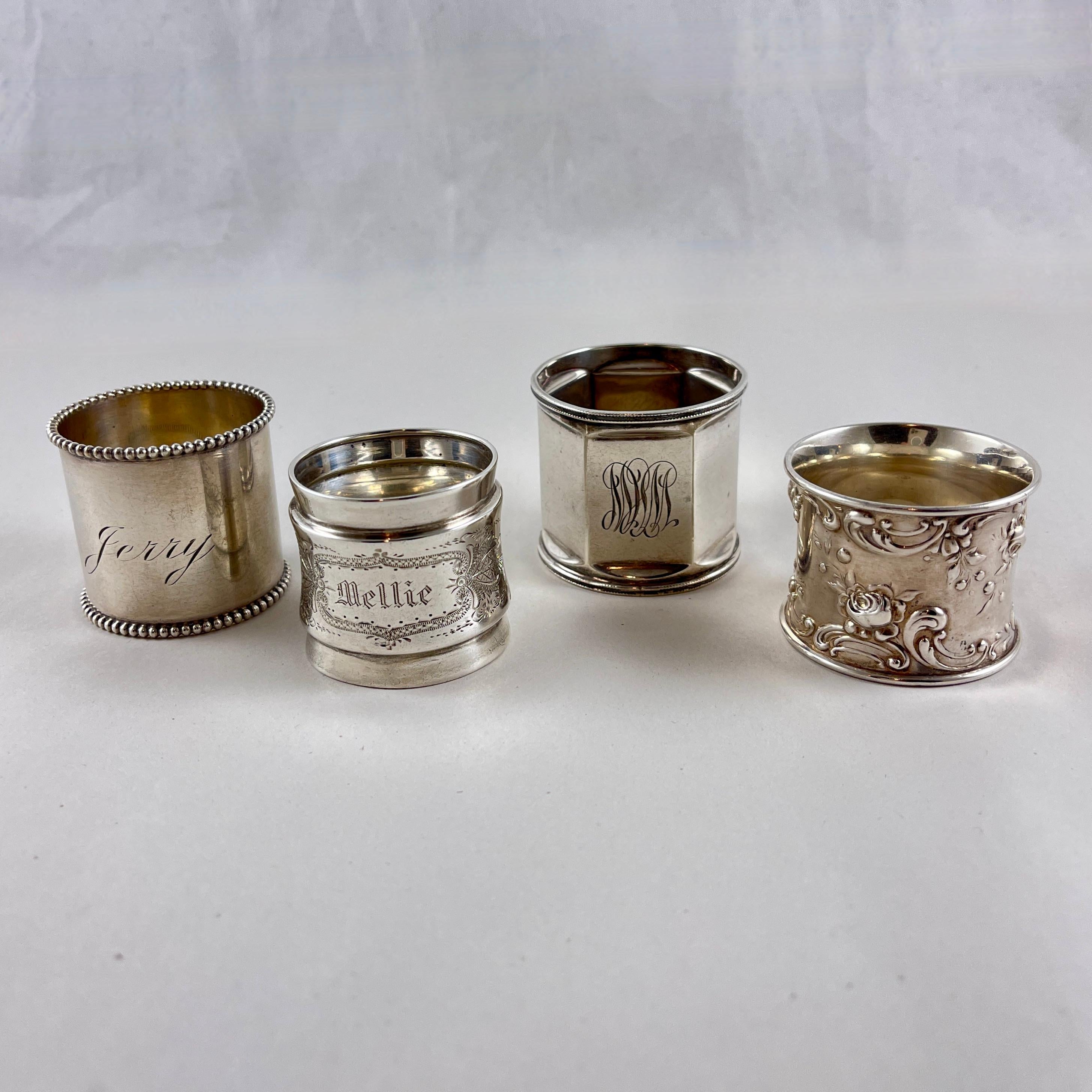 Américain Estate Sterling Silver Wide Band Napkin Rings, set mixte de quatre en vente