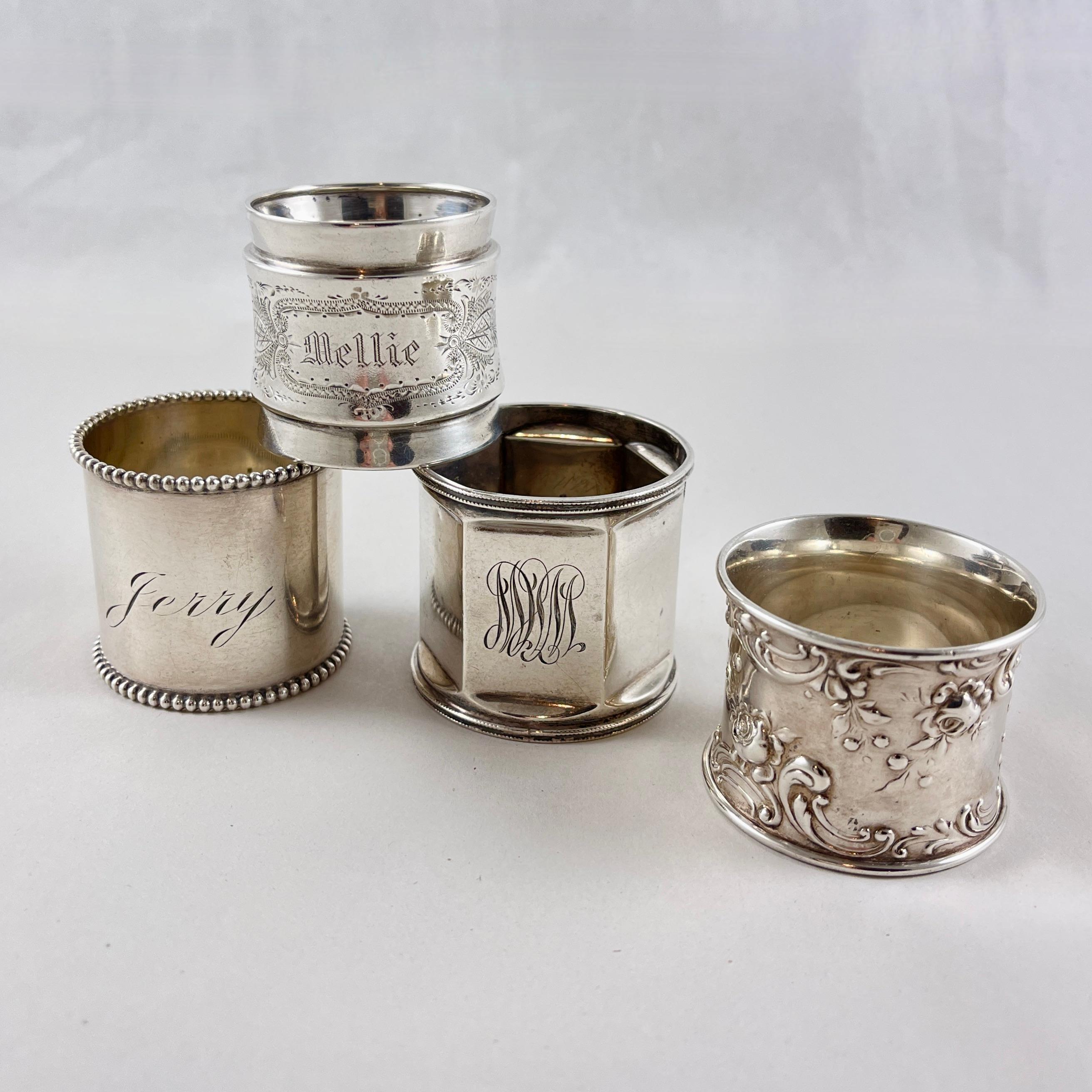 Ferronnerie Estate Sterling Silver Wide Band Napkin Rings, set mixte de quatre en vente