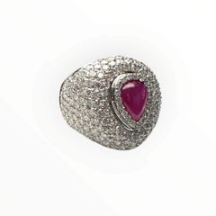 Estate-Style 3.17 Carat Cabochon Ruby and 8ct Diamond Bombé Ring 18K White Gold