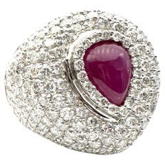 Estate-Style 3.17 Carat Cabochon Ruby and 8ct Diamond Bombé Ring 18K White Gold