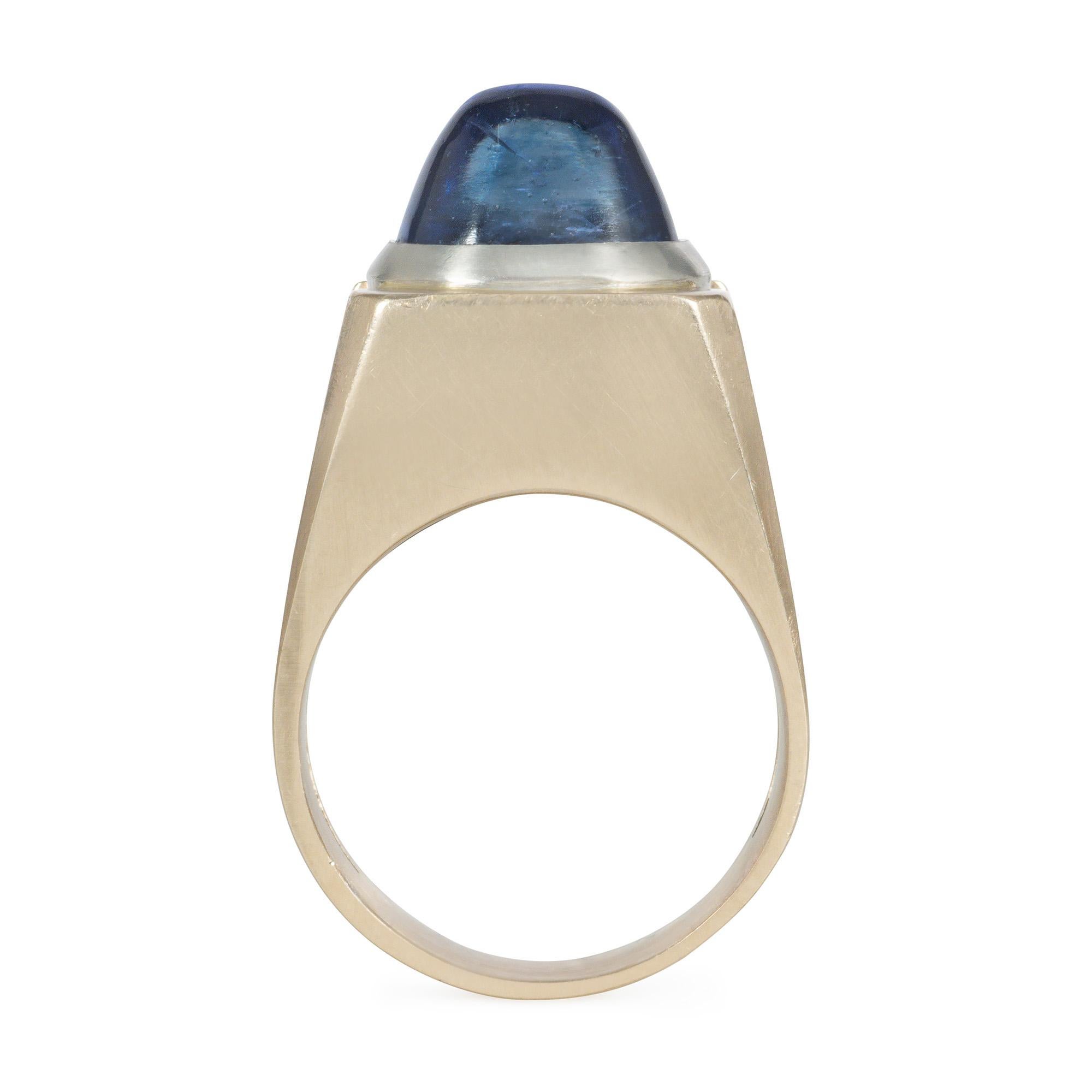 Modern Estate Sugarloaf Cabochon Sapphire and Two-Color Gold Industrial Style Ring For Sale