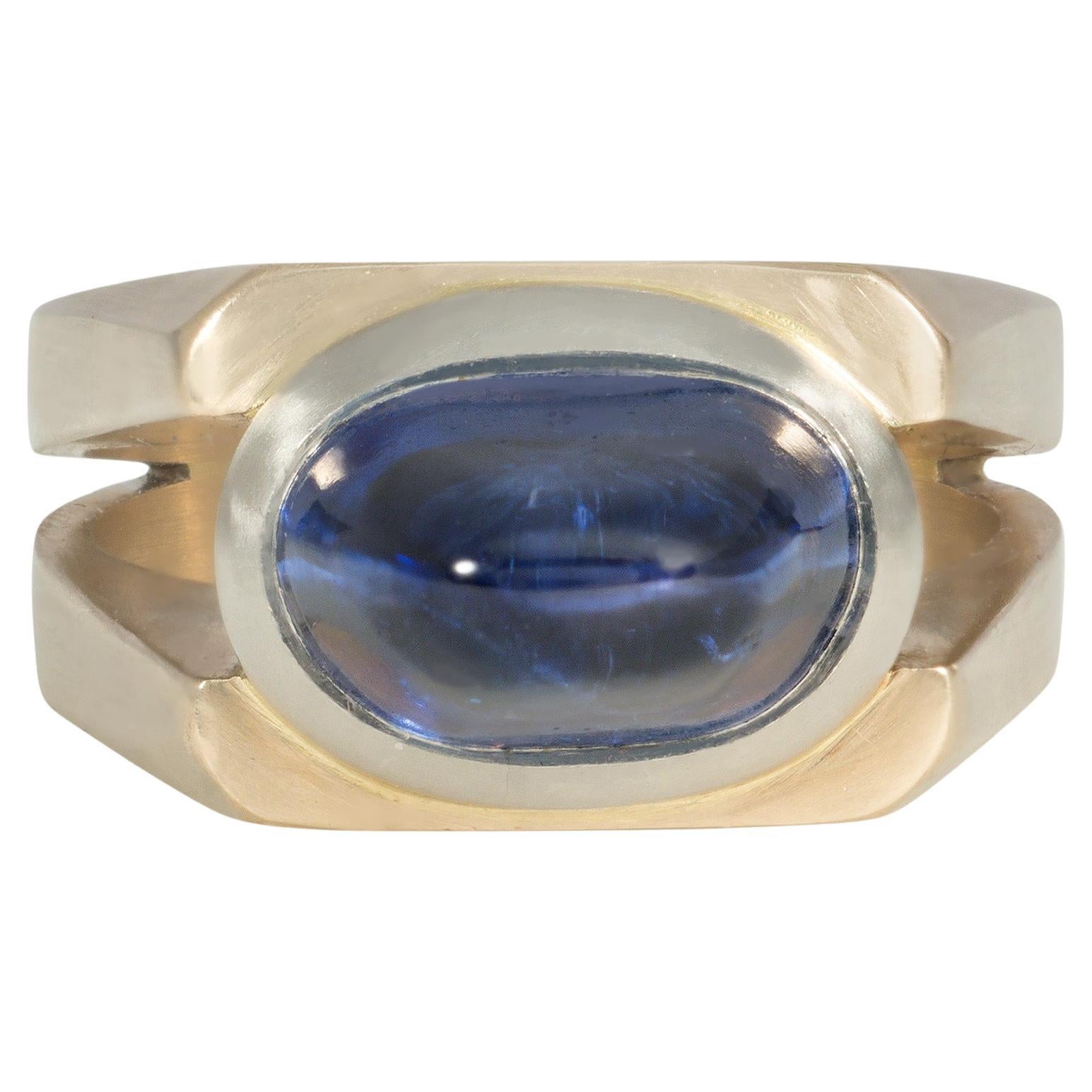 Estate Sugarloaf Cabochon Sapphire and Two-Color Gold Industrial Style Ring