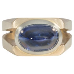 Vintage Estate Sugarloaf Cabochon Sapphire and Two-Color Gold Industrial Style Ring