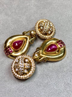 Estate Tadini 18K Yellow Gold Diamond Cabochon Ruby Bombé Drop Earrings 23.40ctw