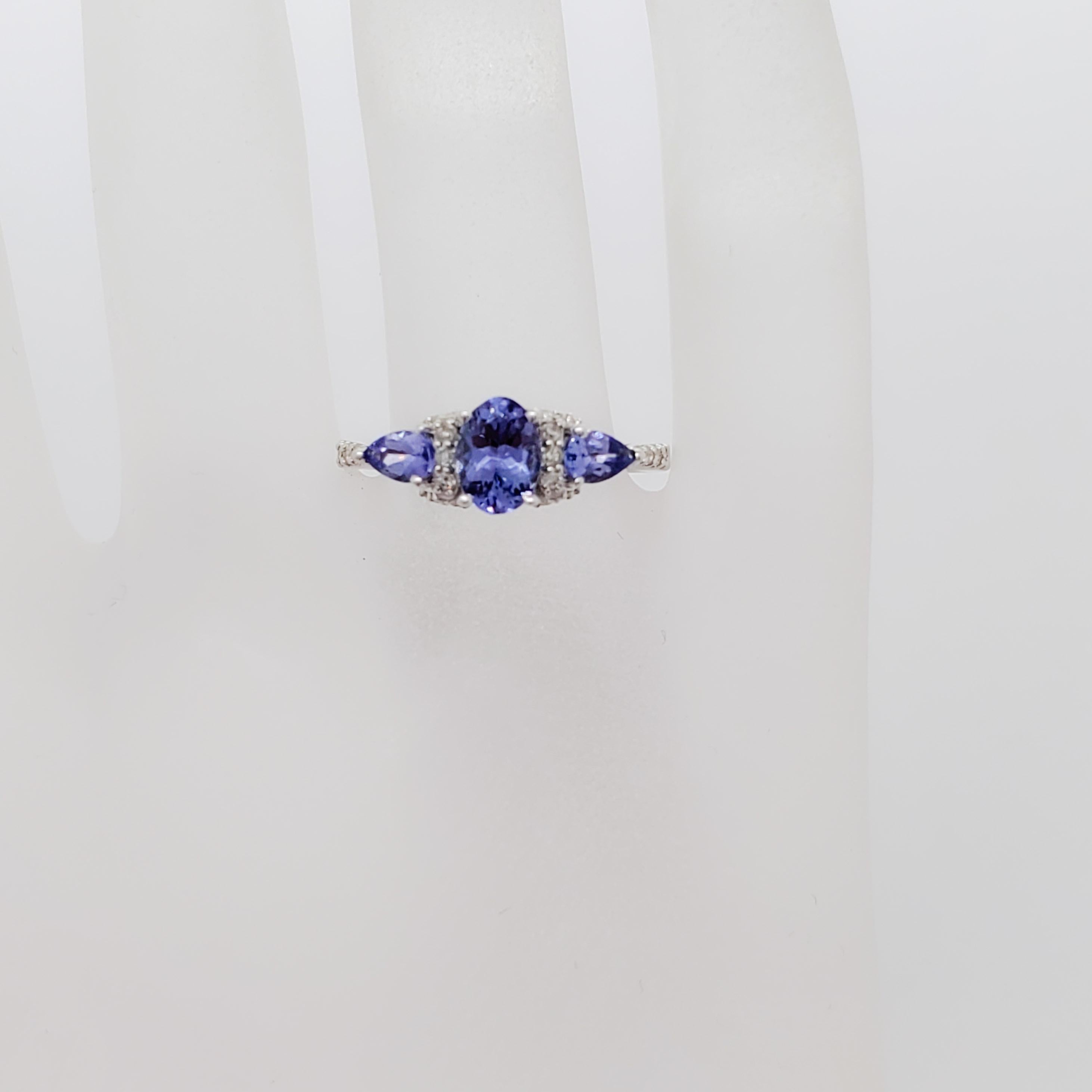 Pear Cut Estate Tanzanite and Diamond 3 Stone Ring in 14k White Gold