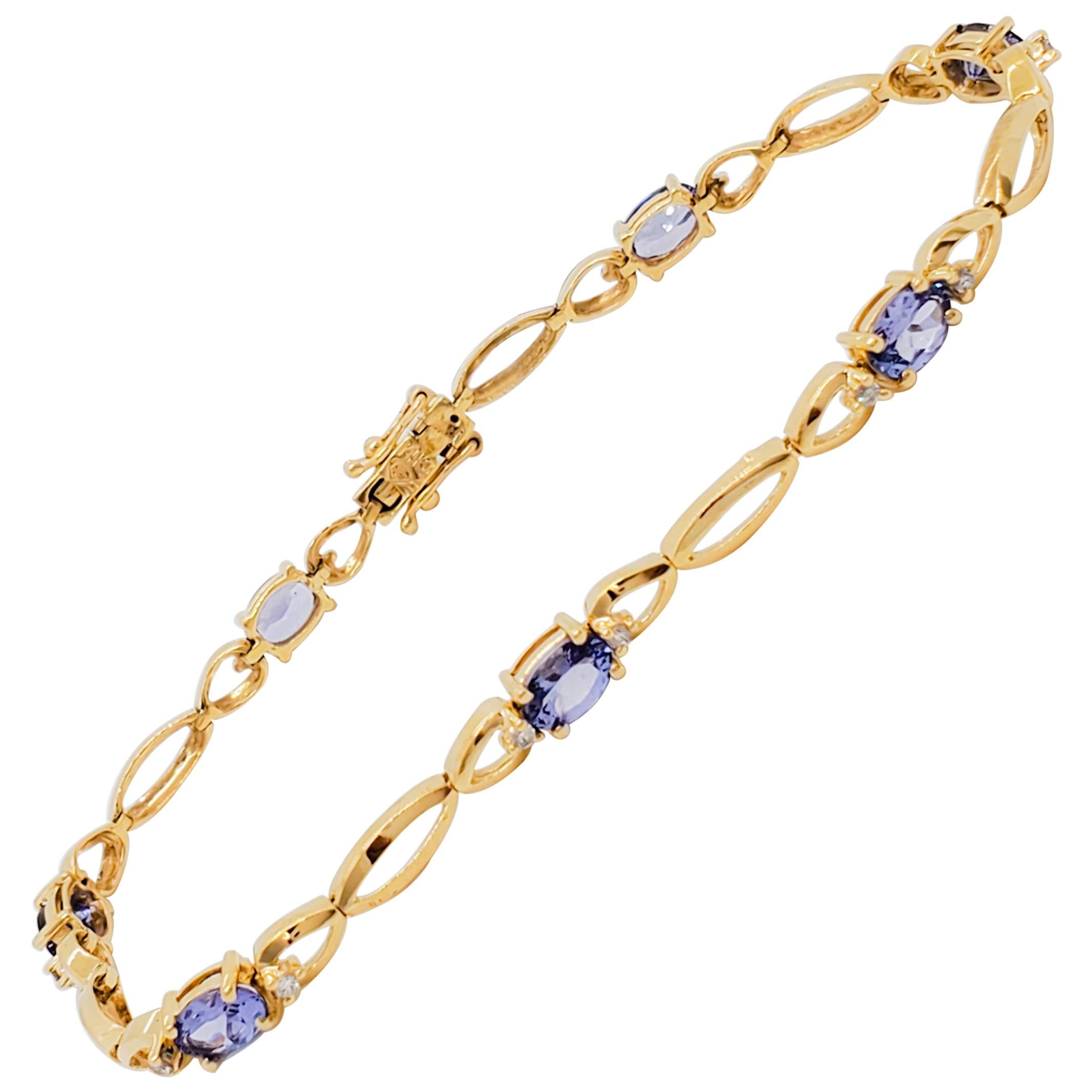 Tanzanite and White Diamond Bracelet in 14k Yellow Gold For Sale