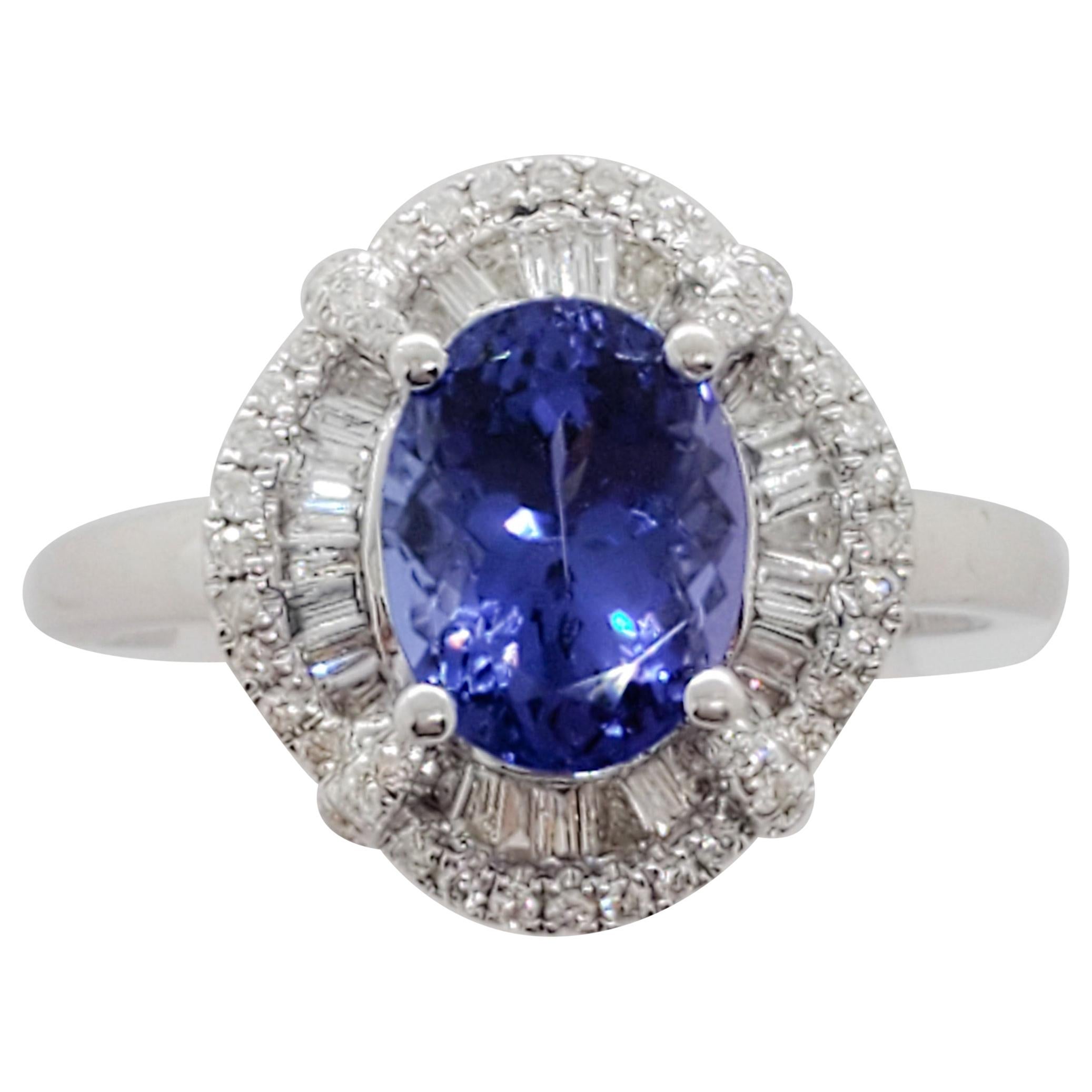 Tanzanite Oval and White Diamond Cocktail Ring in 14 Karat White Gold For Sale