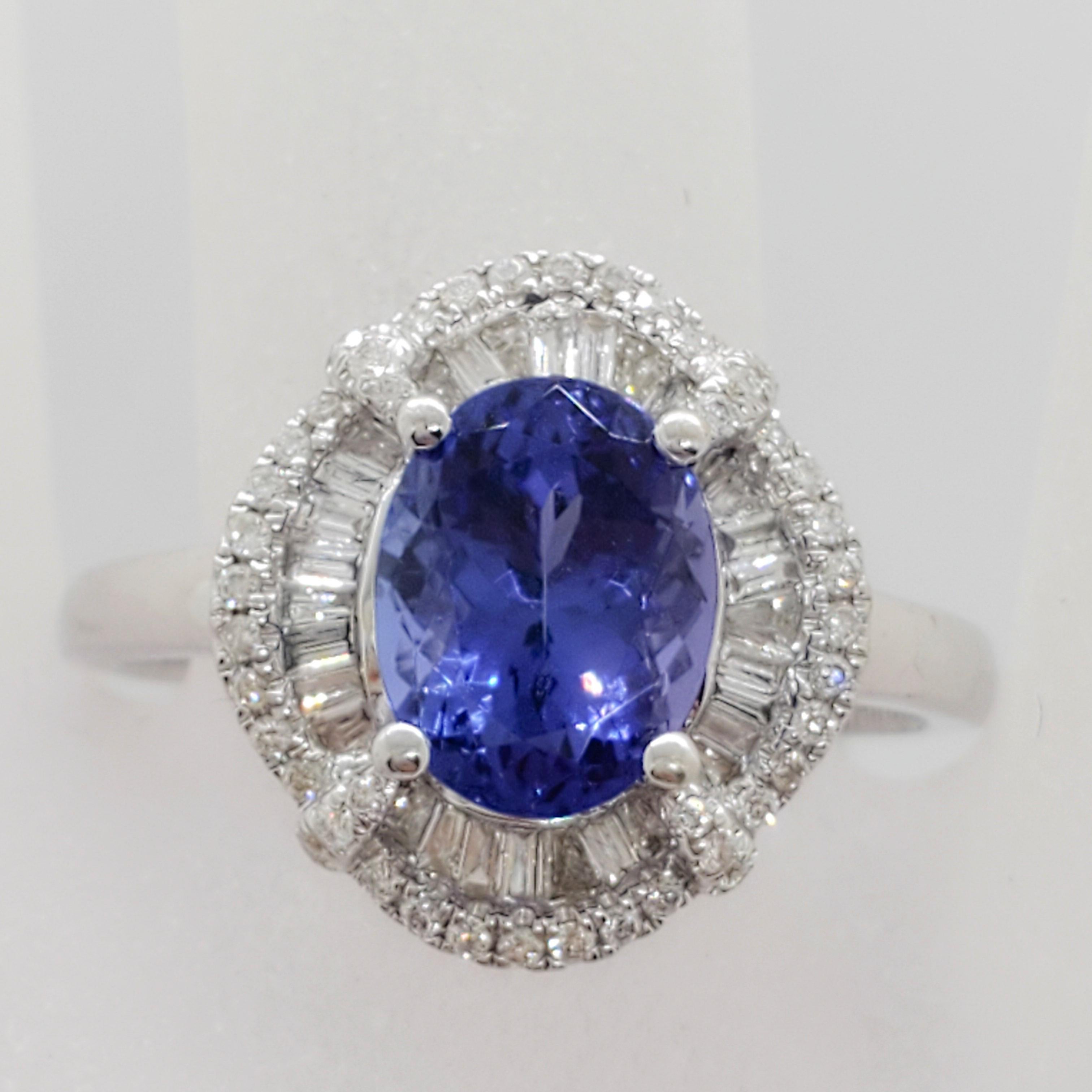 Tanzanite Oval and White Diamond Cocktail Ring in 14 Karat White Gold In Excellent Condition For Sale In Los Angeles, CA