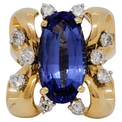 Estate Tanzanite Oval and White Diamond Cocktail Ring in 18k Yellow Gold
