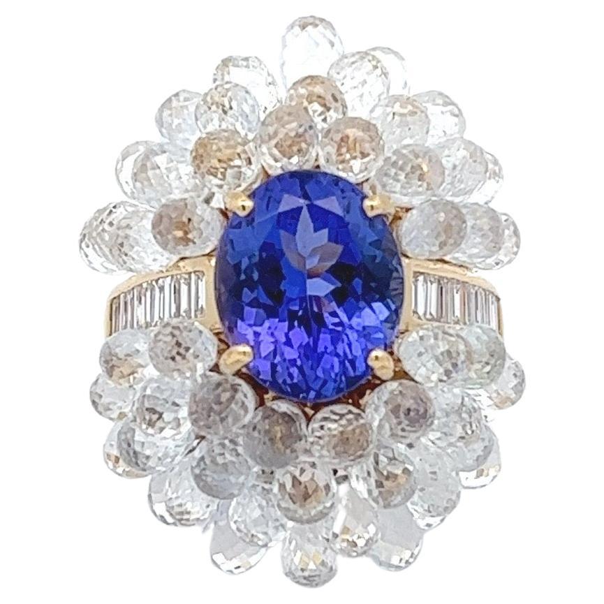 Women's Tanzanite, Briolette White Sapphire & Diamond Cluster Cocktail Ring 18k Gold For Sale