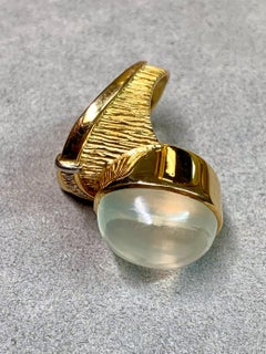 Estate Textured 18K Cabochon Moonstone Sapphire Diamond Large Cocktail Ring