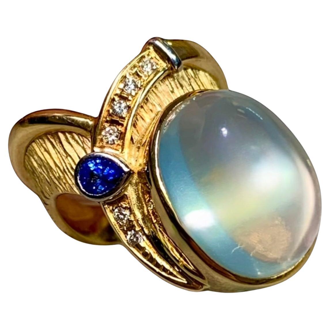 Estate Textured 18K Cabochon Moonstone Sapphire Diamond Large Cocktail Ring For Sale