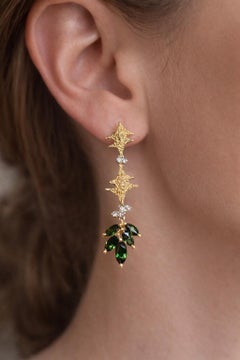 Estate Textured 18K Gold Diamond & Green Tourmaline 2.1” Drop Earrings 3.52ctw
