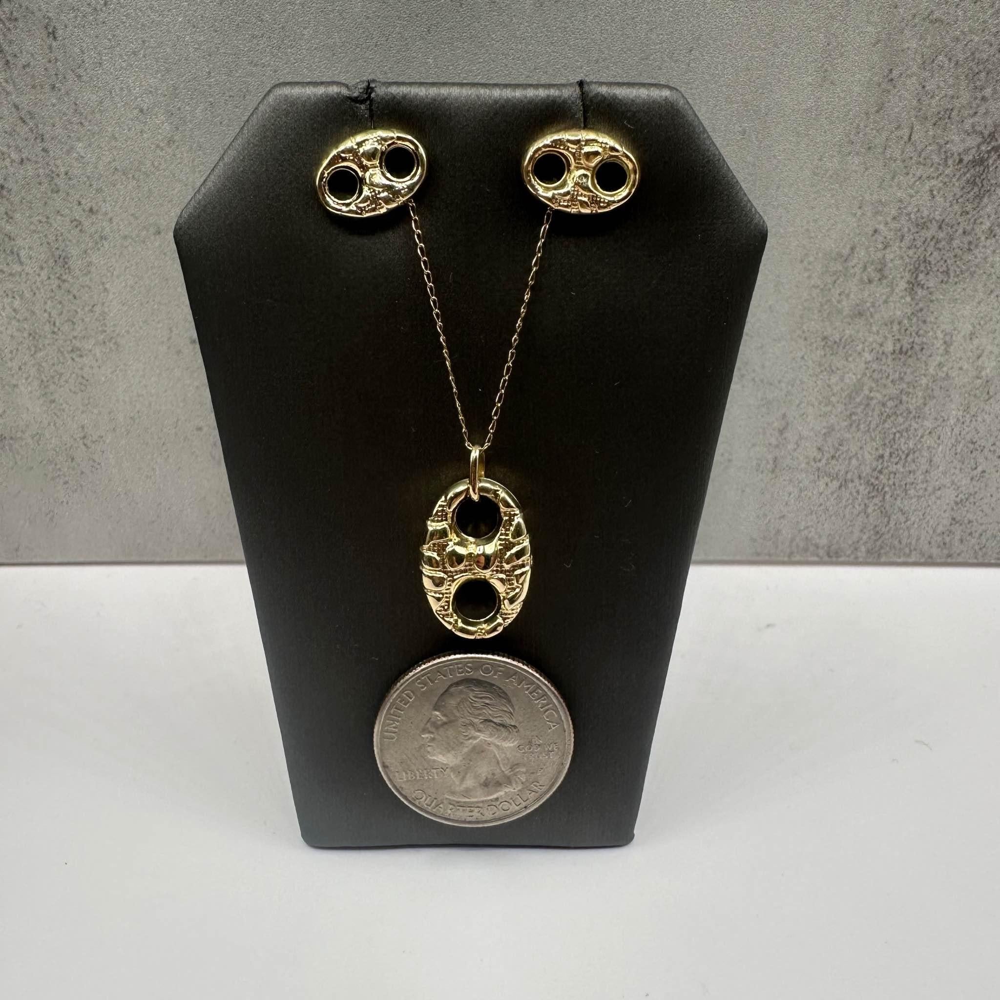 Estate Textured Puff Pendant & Earrings in 14kt Yellow Gold - 20