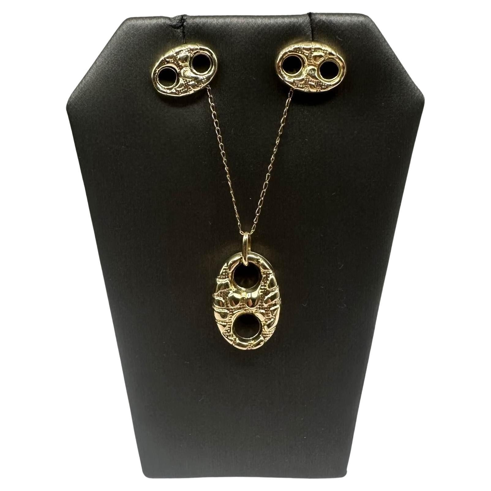 Estate Textured Puff Pendant & Earrings in 14kt Yellow Gold - 20", 2.6g For Sale