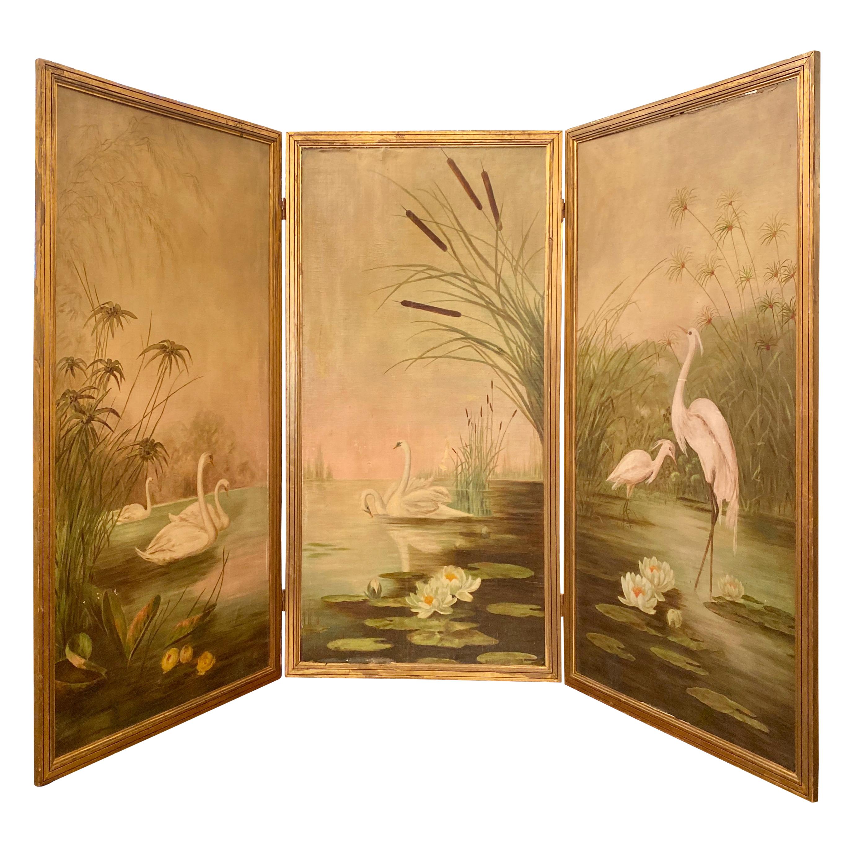 Estate Three Paneled Art Nouveau Painted Oil on Canvas Landscape Screen