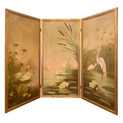 Estate Three Paneled Art Nouveau Painted Oil on Canvas Landscape Screen